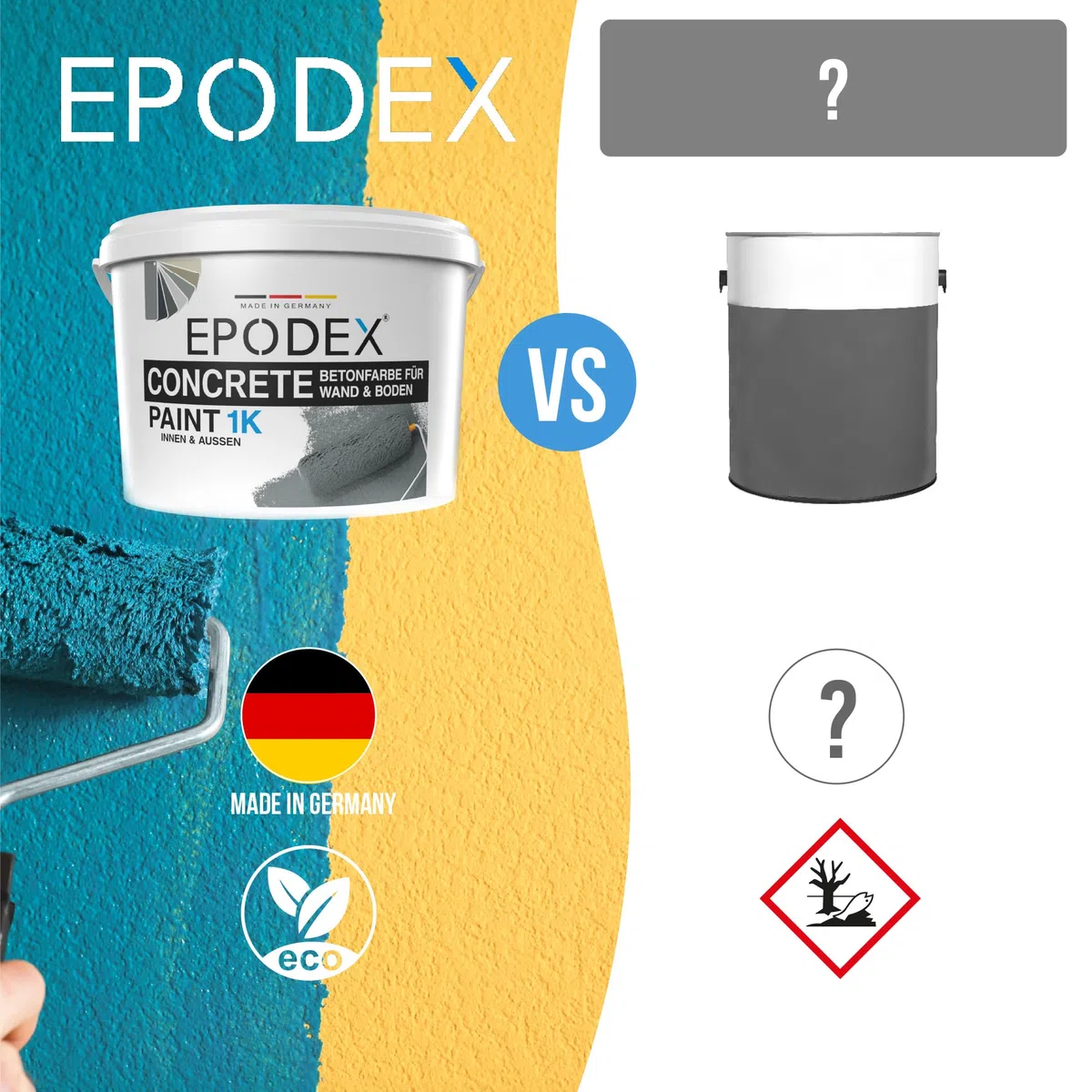 EPODEX 1K Betonfarbe, 6kg - Silbergrau - Pastell | Bodenfarbe & Wandfarbe, hochdeckend, UV-beständig, abriebfest, Innen/Außen - 48m² bei einmaligem Anstrich