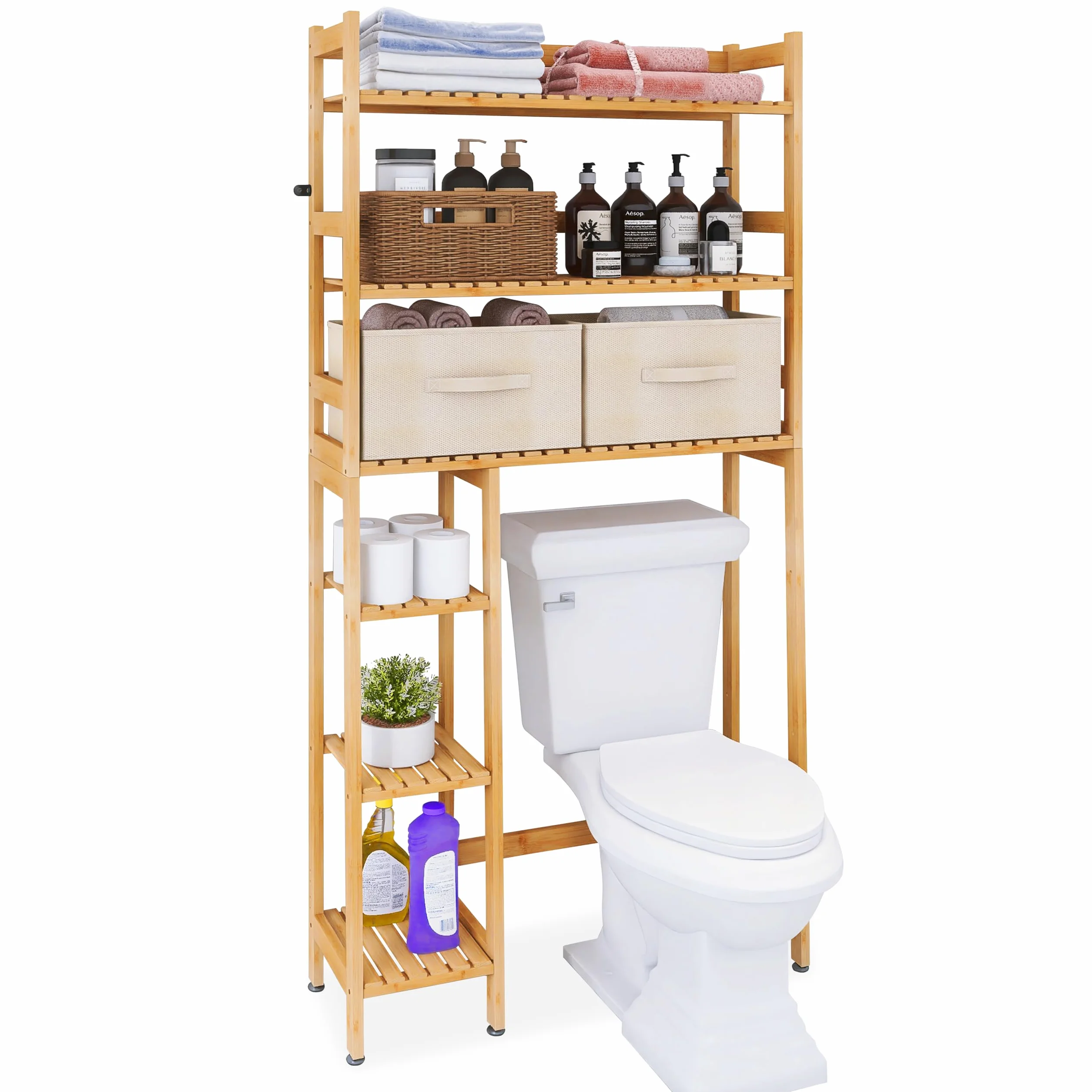SMIBUY Over The Toilet Storage, 6-stöckiges Badezimmerregal aus Bambus mit Schubladen, freistehend über dem WC-Organizer-Rack, Massenlagerung, Platzsparer für kleine Räume (natürlich)