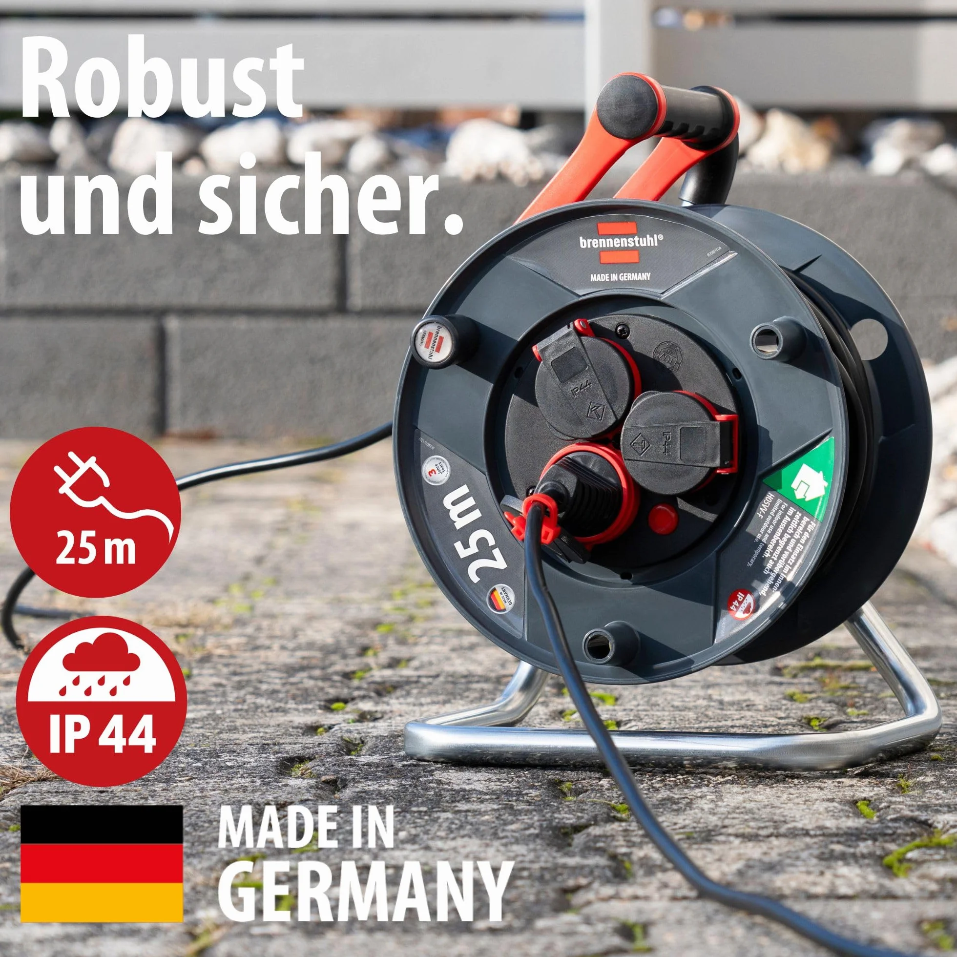 Brennenstuhl Garant V2 IP44 Kabeltrommel 25m outdoor (Made in Germany, 3 Schutzkontakt-Steckdosen, Spezialkunststoff)