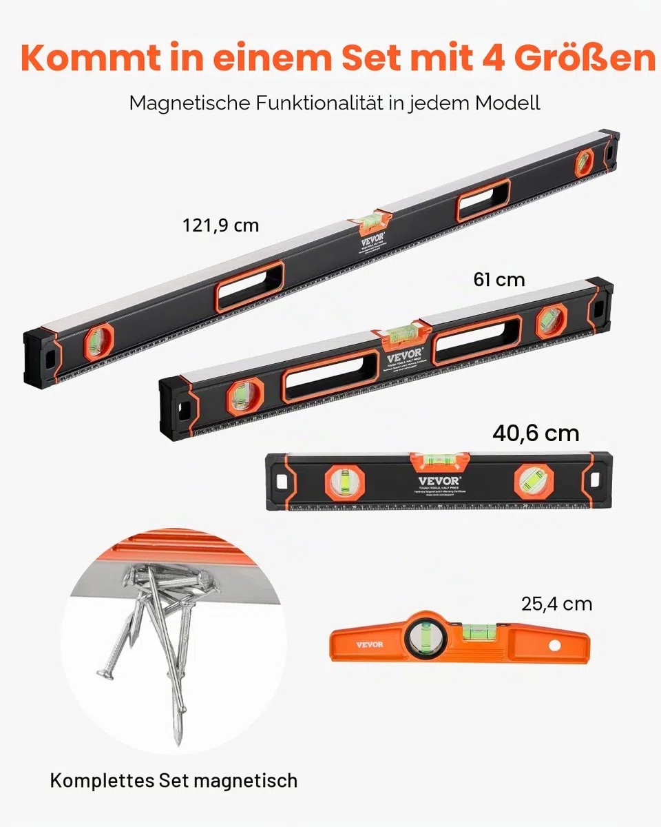 VEVOR 4-teiliges Torpedo-Wasserwaagen-Set, 120/60/40/25cm alle magnetischen Wasserwaagen, Libellen-Lineal für 45/90/180 Grad, magnetisches Kasten-Werkzeug aus Aluminiumlegierung