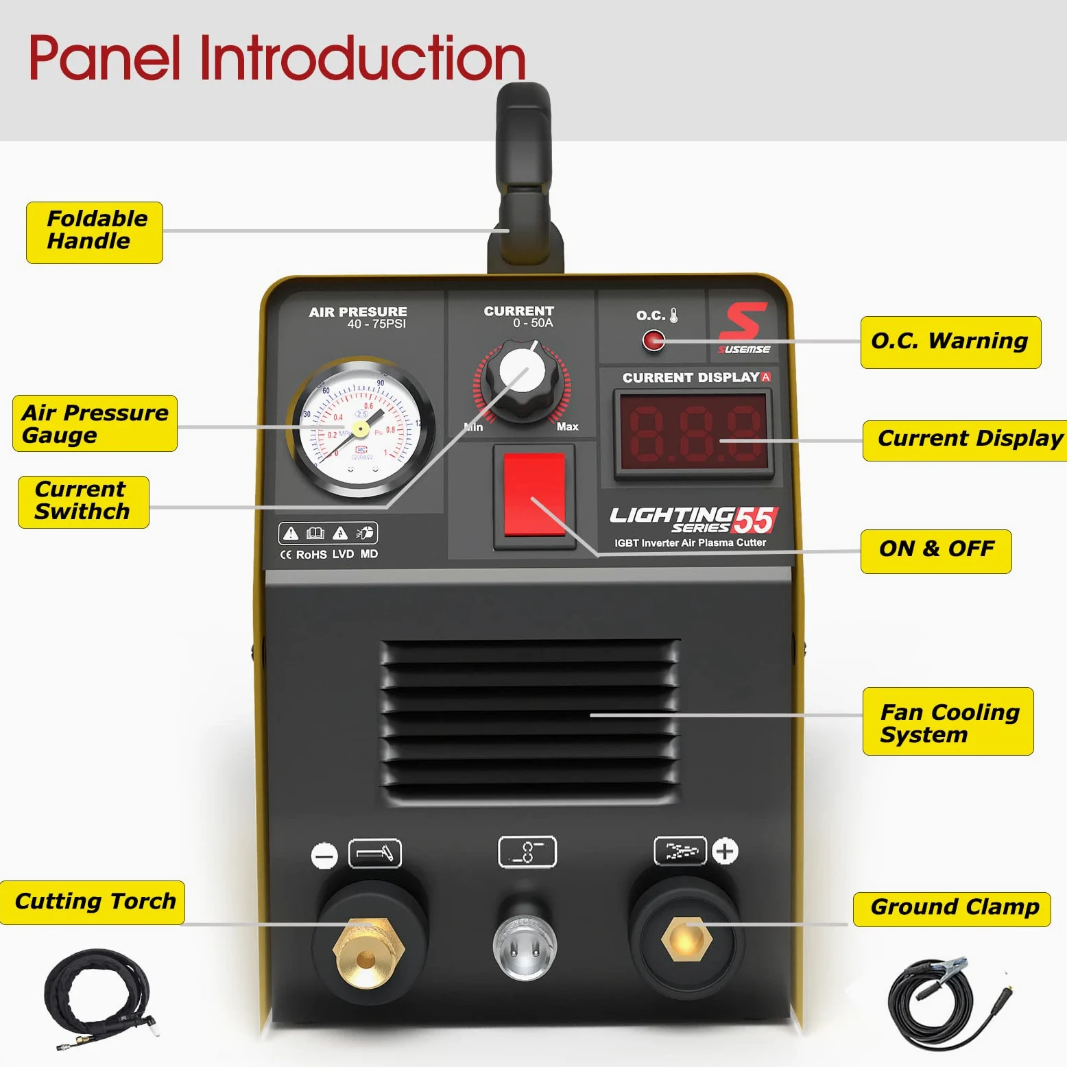SUSEMSE Plasmaschneider 55 Ampere IGBT Inverter Plasma Cutter CUT55 Plasma Schweißgerät (DC, 230V, Schneidstrom 20-55A, Schneidleistung max bis 14mm) - mit Plasmabrenner und Plasma Düsen Set