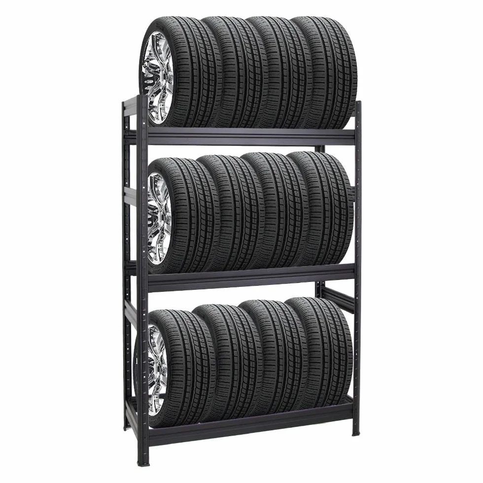 PROREGAL Reifenregal Dino | HxBxT 180x120x50 cm | Fachlast 150kg | bis zu 12 Reifen | Schwarz | Reifenständer Garagenregal Kellerregal Werkstattregal