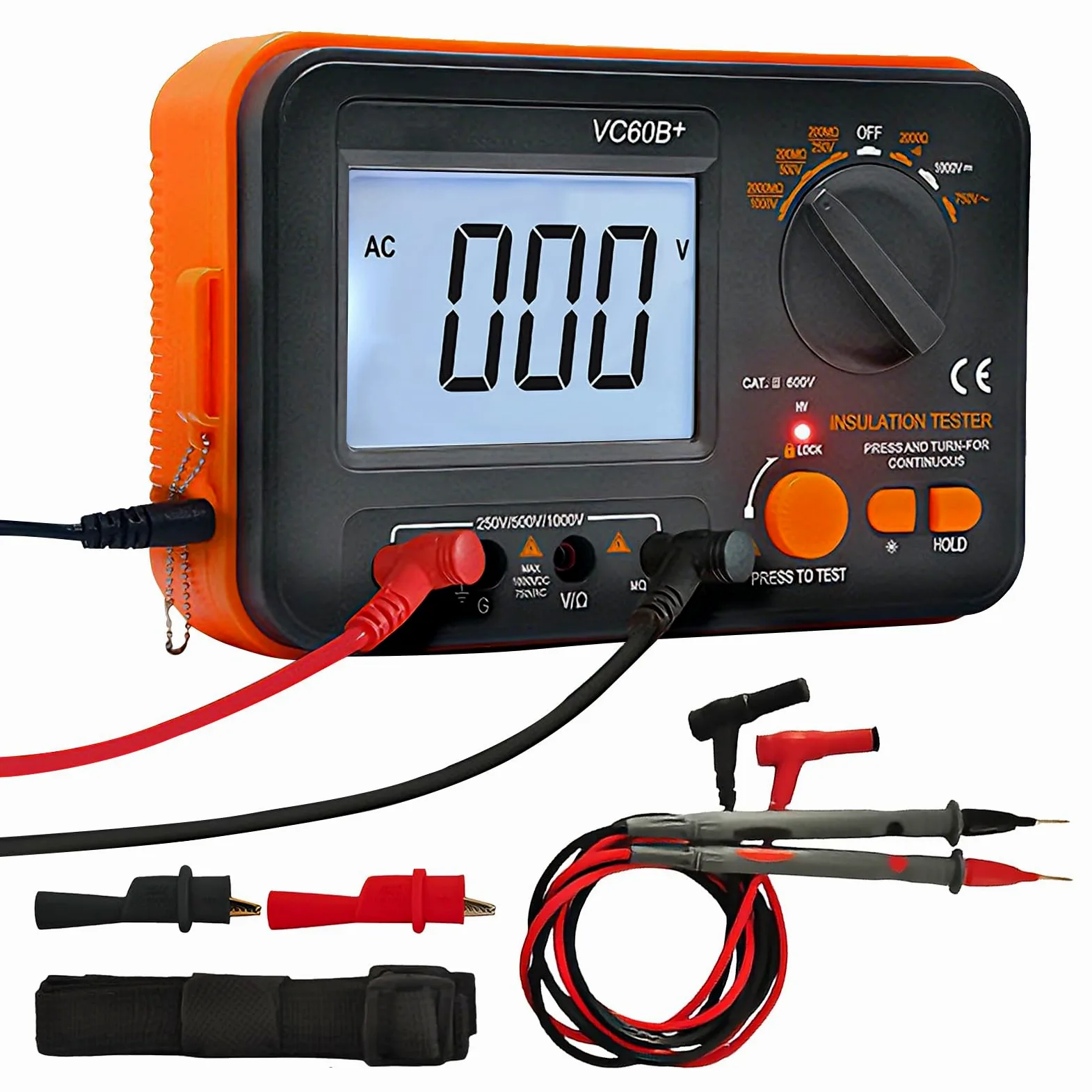 Digital Megohmmeter, Isolationswiderstandstester Isolationswiderstand 0.1MΩ-2GΩ mit 250V/500V/1000V Prüfspannung mit hintergrundbeleuchtetem LCD-Display, Inkl. Messspitzen Krokodilklemmen