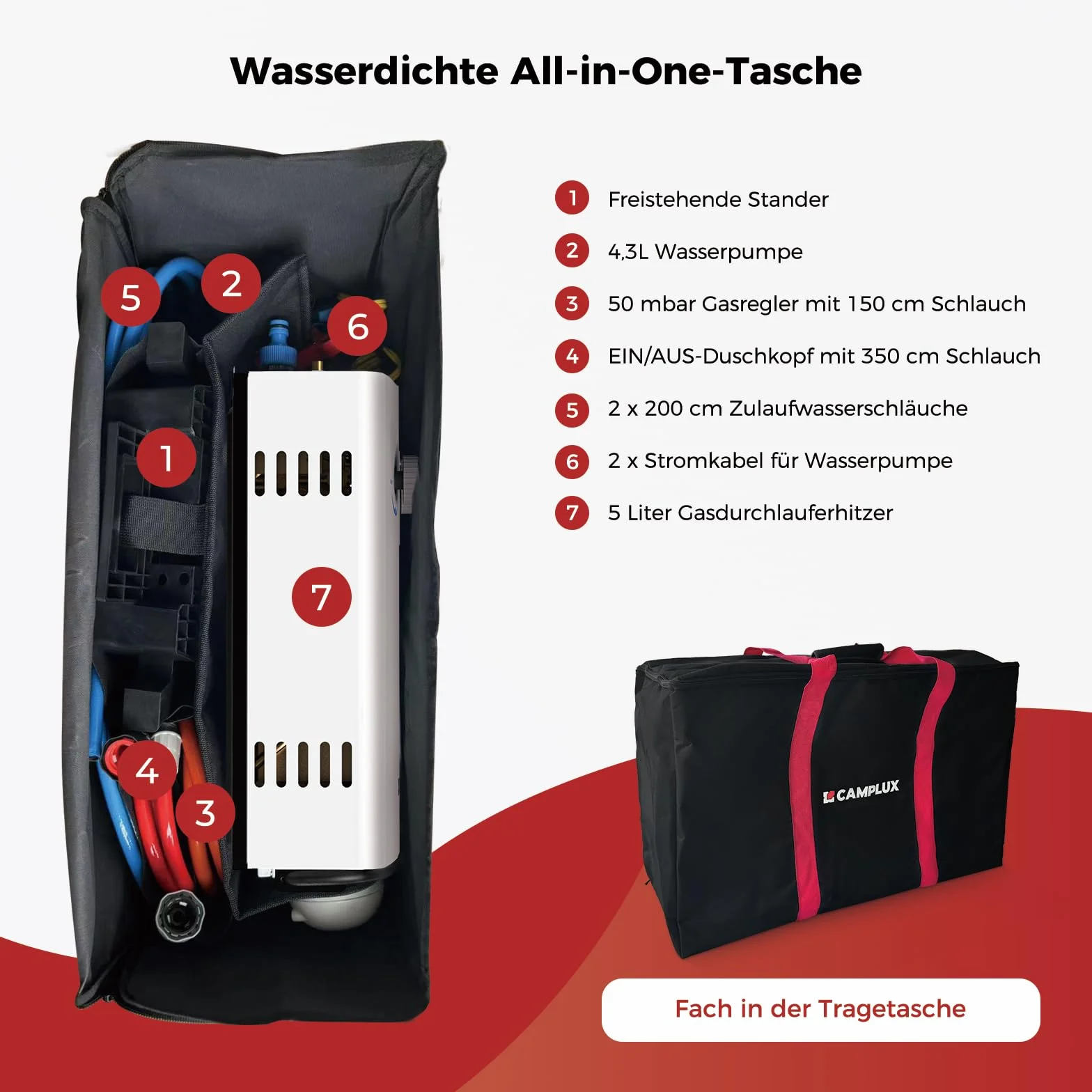 CAMPLUX 5 Liter Gasdurchlauferhitzer mit Stütz & Wasserpumpe, LPG, 50mbar, für Campingdusche/Wohnmobilausflug, AY132Max-DE mit Tragetasche