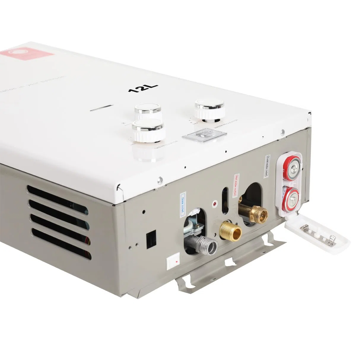 12L Gas Durchlauferhitzer,24KW LPG Warmwasserbereiter Instant Heißwasserbereiter Flüssiggas Durchlauferhitzer Warmwasserspeicher mit Plating-Duschkopf-Set,Weiß
