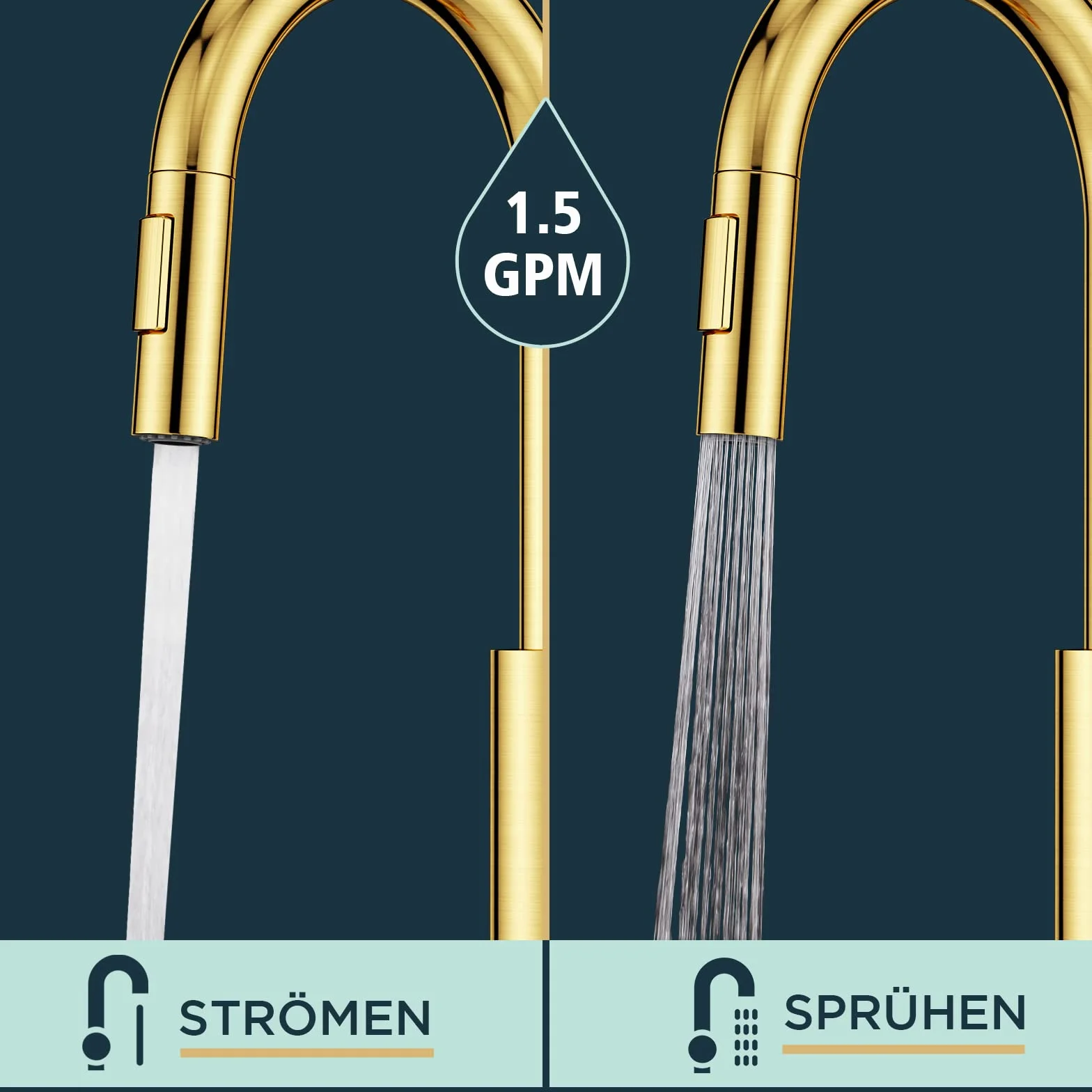 FORIOUS Wasserhahn Küche, Hoher Bogen Küchenarmatur mit Herausziehbarer Brause Ausziehbar Armatur, Mischbatterie Spültischarmatur Küche Küchenarmaturen, 360° Schwenkbar, Gebürstetes Gold