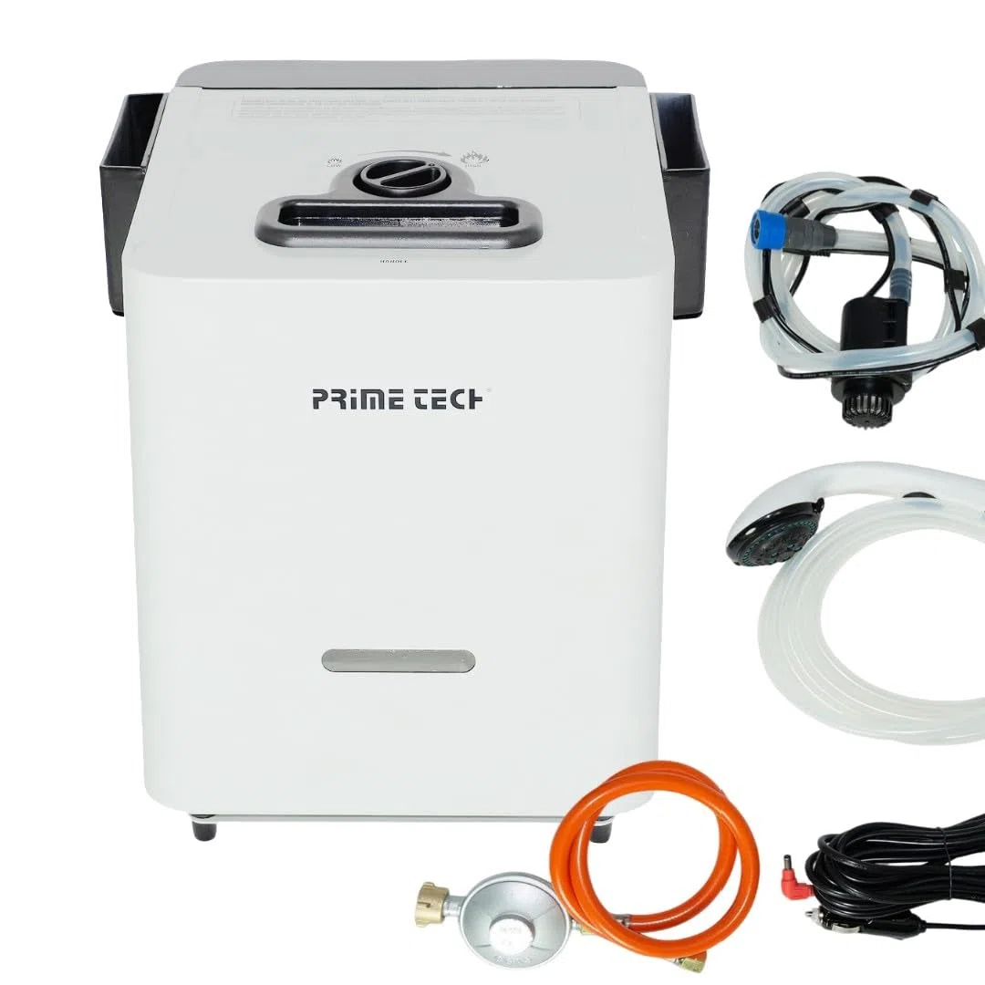 Prime Tech | Mobiler Gas-Durchlauferhitzer 12V 5kW | Warmwasserbereiter mit Duschbrause & Zubehör | Warmduscher für Camping, Outdoor & Vanlife | Gasbetriebener Wasserboiler mit Tasche
