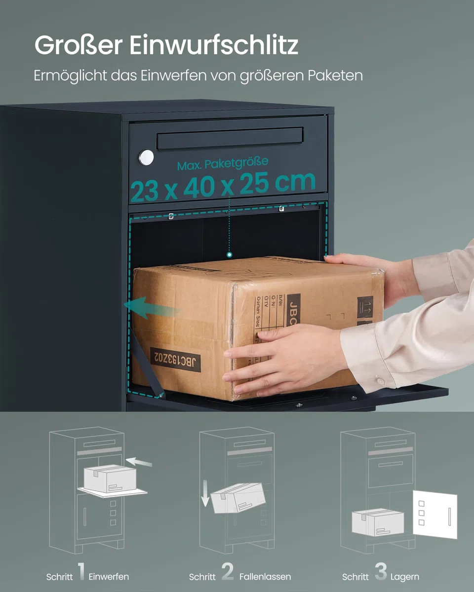 SONGMICS Paketbox, Paketbriefkasten, Briefkasten mit Paketfach, Paketkasten XXL, für Briefe, Pakete, Schloss mit Abdeckung, 2 Schlüssel, Stahl, anthrazit GMB091GZ01