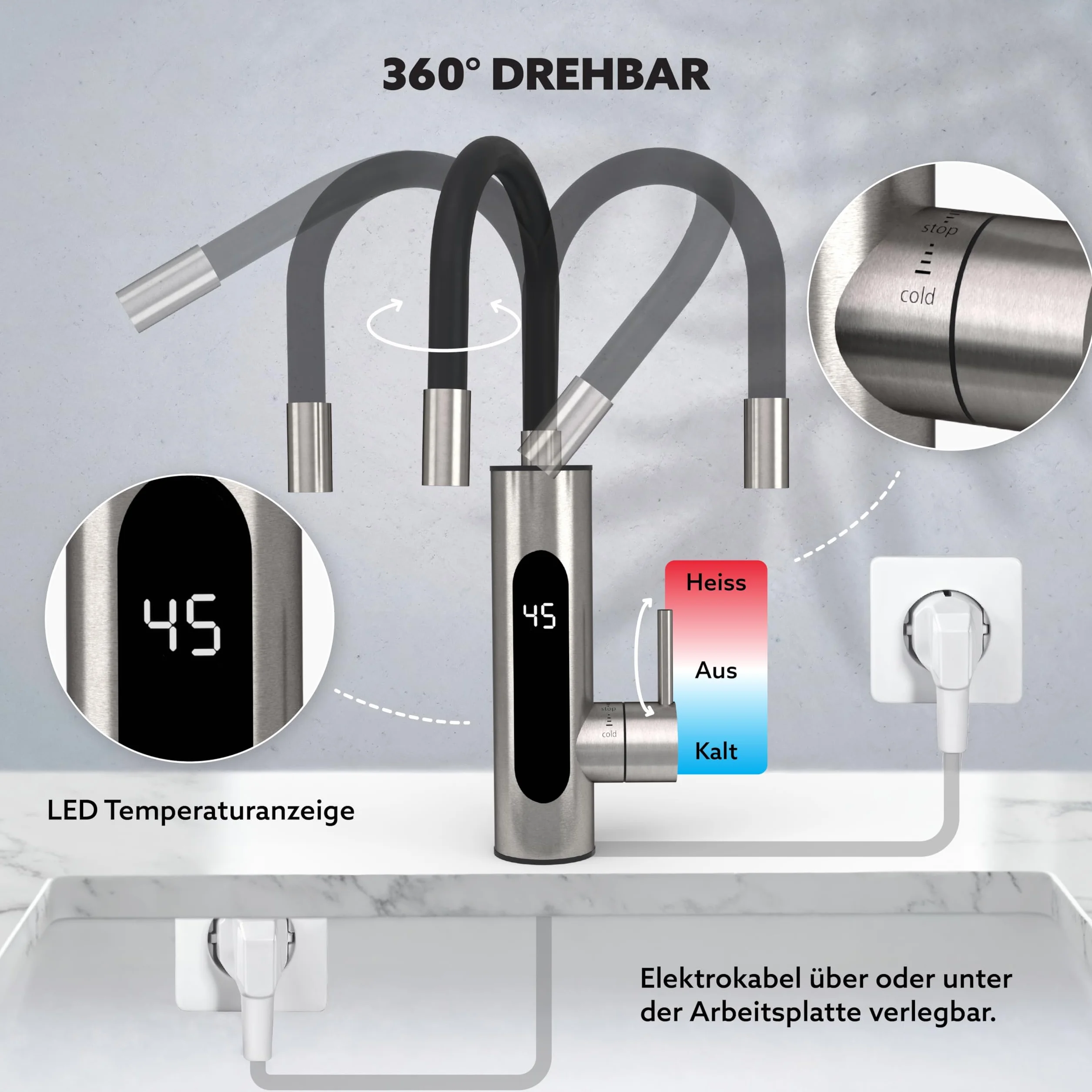 HOGART Elektrische Wasserhahn mit Durchlauferhitzer 230v für Küche, Garten, Bad, Wohnwagen, Camping, 2 Aufsätze, Smart Heater, Armatur mit Sofortiger Warmwasserbereiter, Warmwasserhahn, Wasserboiler