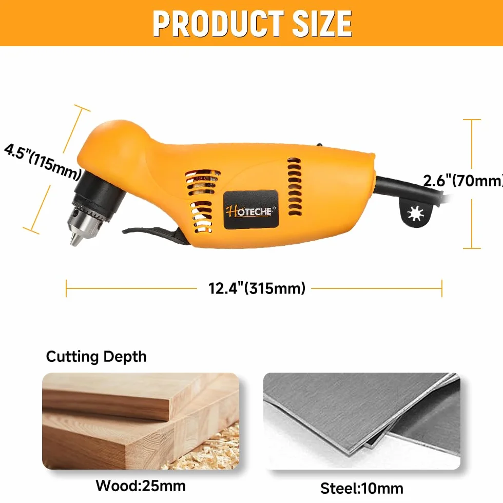 Hoteche 450W Winkelbohrmaschine – Leistungsstarker 220-240V Bohrer mit 0-1400rpm, 10mm Schlüsselaufnahme, variablem Geschwindigkeitsregler, VDE-Stecker, inkl. Zubehör – Ideal für Holz und Metall