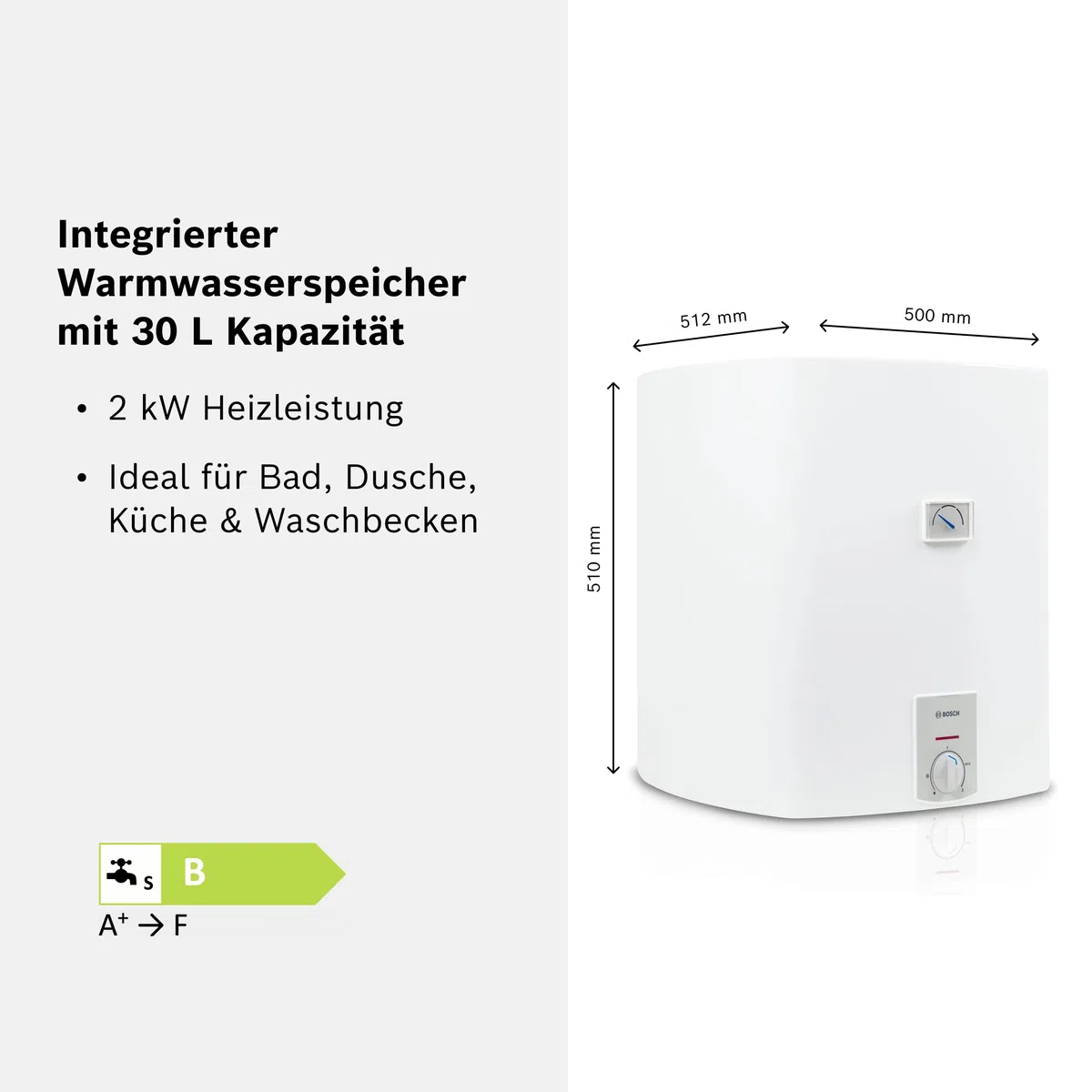 Bosch Elektrischer Wandspeicher Tronic Plus Store - Warmwasserspeicher druckfest mit geringem Bereitschaftsenergieverbrauch, 30 Liter [Energieklasse B]