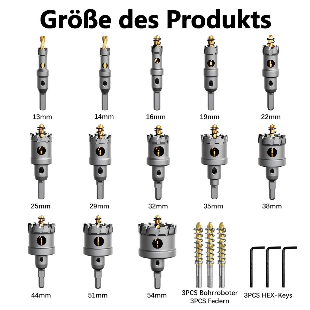 19 stück lochsäge metall set,Hartmetall Lochsäge,Hartmetall Bohrer Metall tarke TCT Bohrer Set,mit Titan-Piloten und L-Wrench,für Stahl Eisen Aluminum Metall Hole Saw