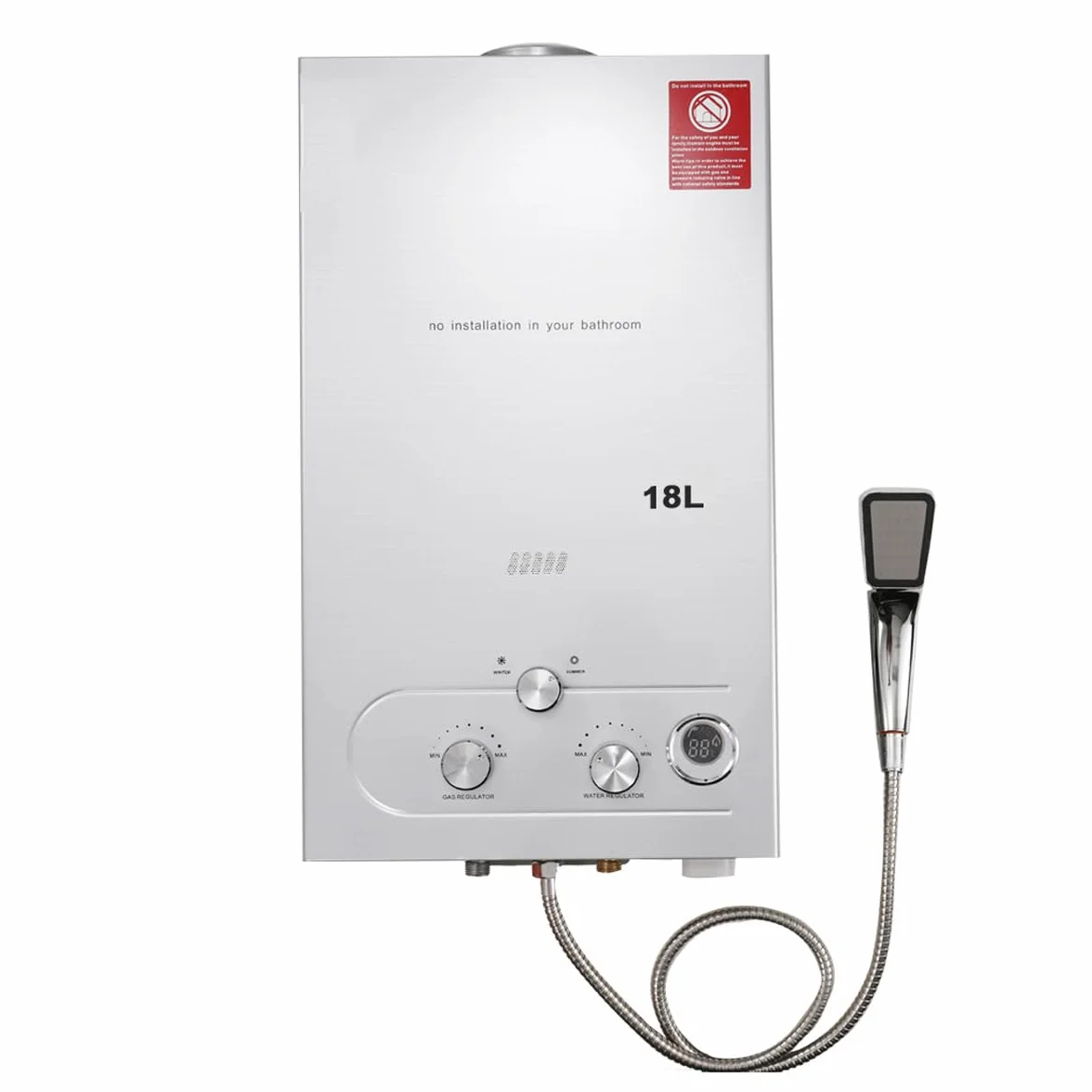 Gas Durchlauferhitzer LPG 18L 36KW Flüssiggas Warmwasserbereiter, Tankless Instant Heißwasserbereiter Gastherme mit Duschkopf Duschschlauch, für Outdoor Camping Baden RV Dusche