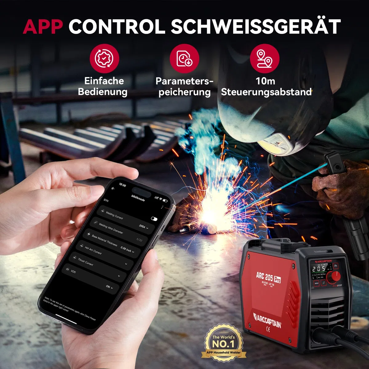 ARCCAPTAIN iControl ARC205 Pro Schweißgerät [App-Steuerung] 205 Amp ARC/Lift TIG Schweißgerät, LED-Anzeige, IGBT Inverter 230V MMA Schweißgerät mit Warmstart, Lichtbogenkraft und Anti-Stick