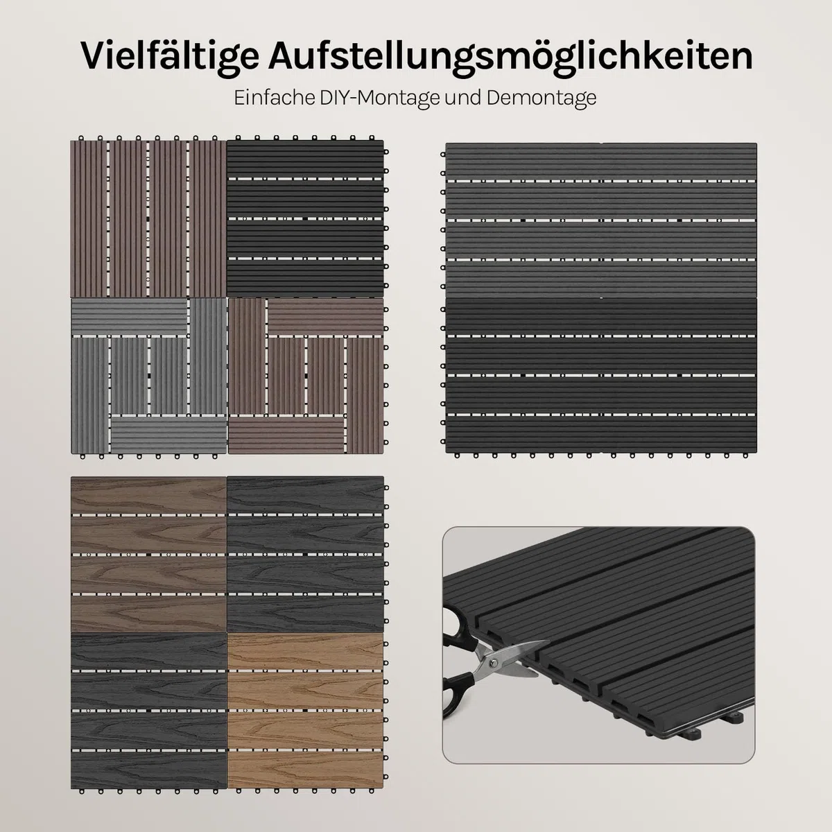 WOLTU WPC Fliese, Terrassenfliesen Holz-Optik, Bodenbelag mit Klicksystem, 30 x 60 cm, Anthrazit (12 Stück / 2 m²)