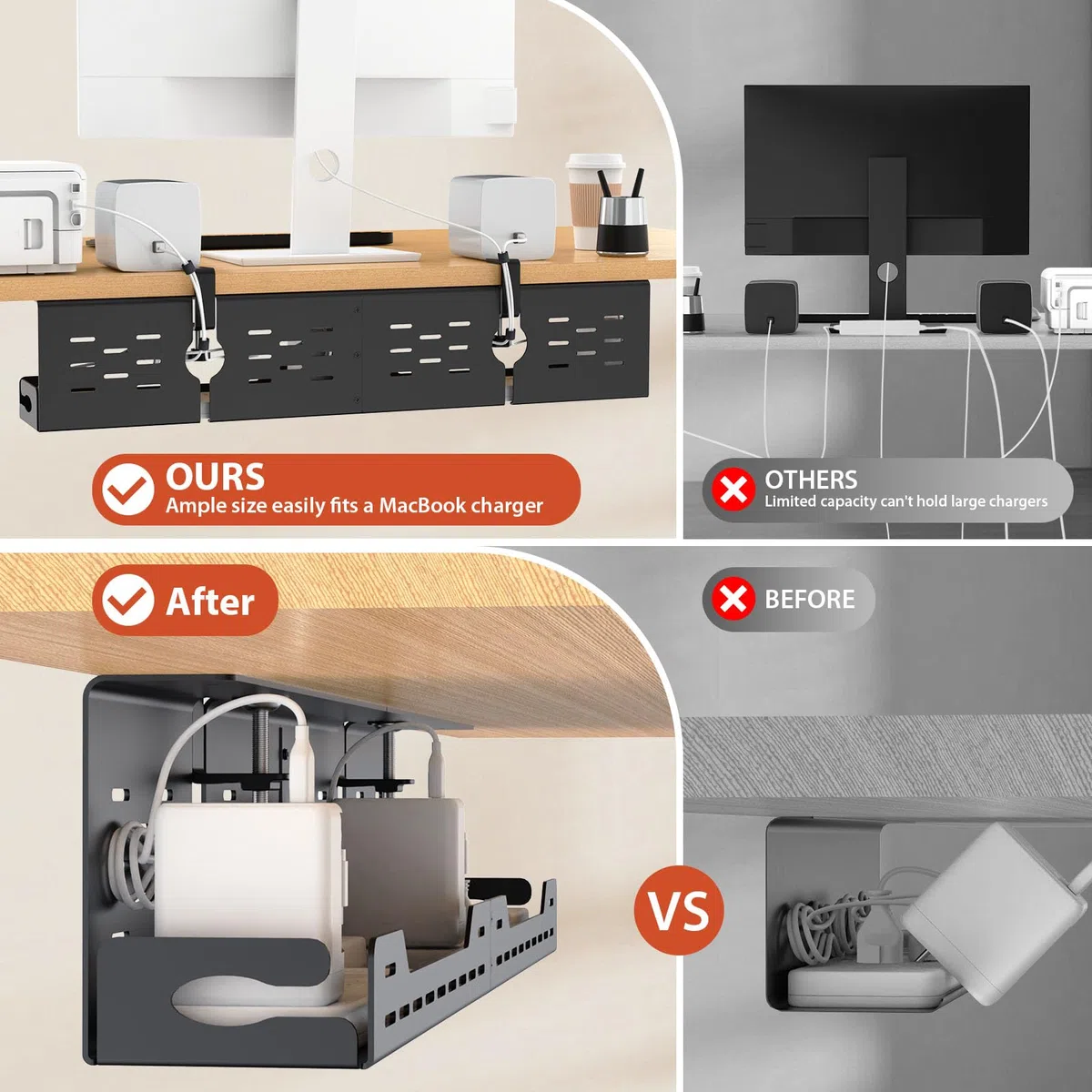 Univivi Unter dem Kabelmanagement Schreibtisch, 81cm Kabelkanal Schreibtisch aus Stahl, Befestigung Ohne Bohren mit Klemme/Schrauben, Flexible Organizer Schreibtisch für Büro und Zuhause (Schwarz)
