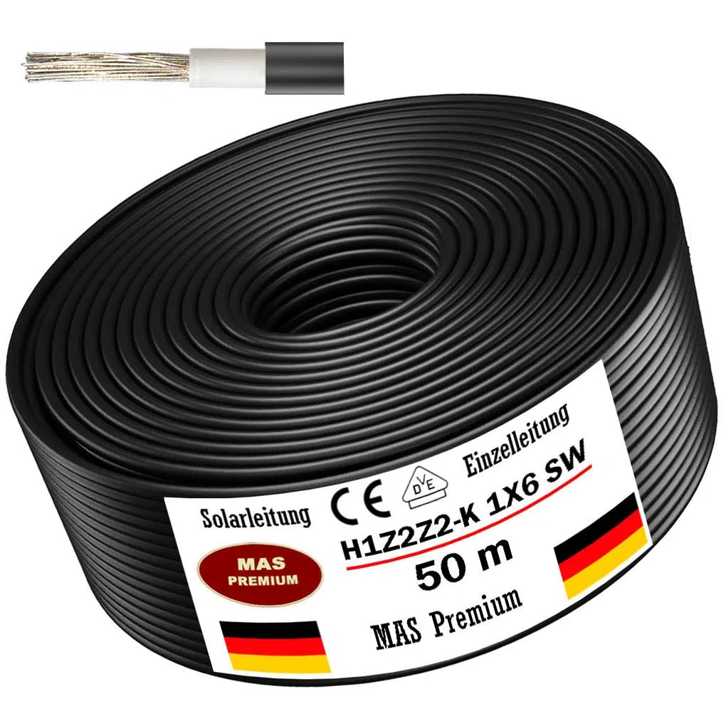 Solarleitung H1Z2Z2-K 6 mm² 50m Schwarz Erdverlegbare Einzelleitung Photovoltaik Halogenfrei Doppelt isoliert