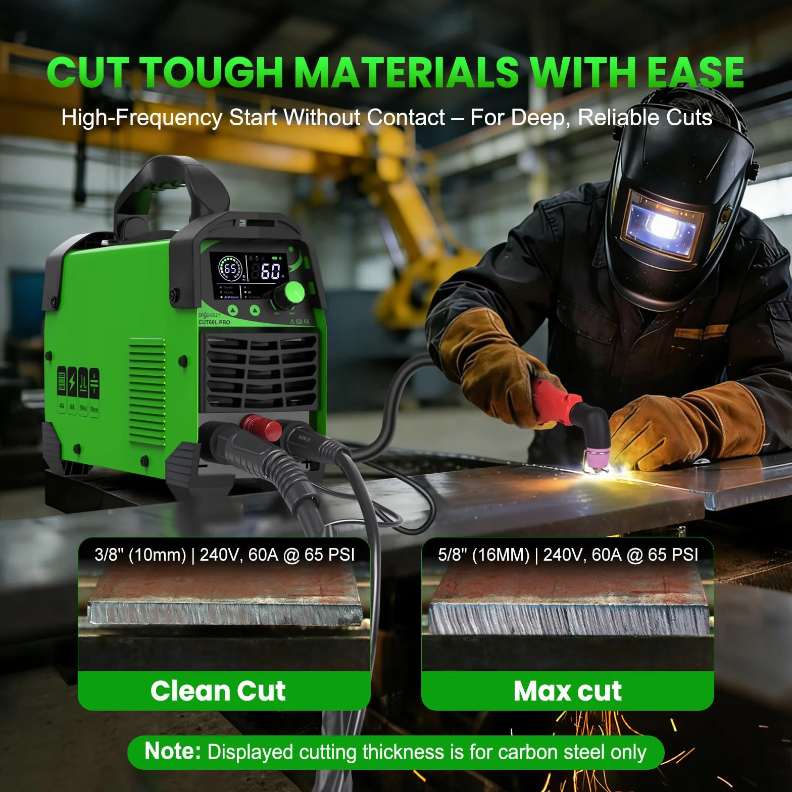 CUT60L PRO – 60A IGBT Plasmaschneider mit Pilotlichtbogen, 240V, 2T/4T – max. Schneiddicke 16 mm, Digital-LED-Display, tragbar