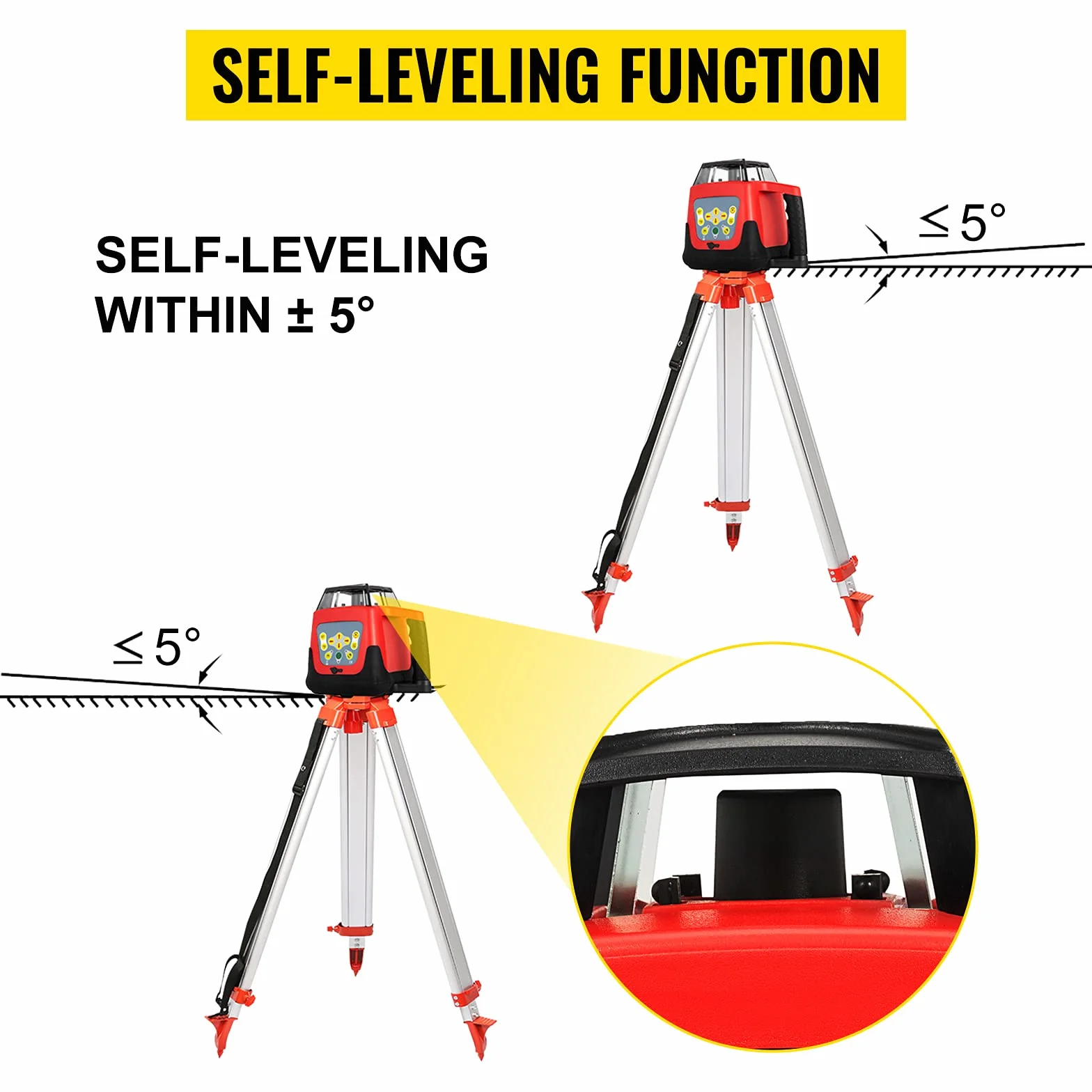 VEVOR Professional Rotationslaser max. Arbeitsbereich 500 m rot, Linienlaser 360 Grad Laser höhenmesser Wasser- und staubdicht Außenbereich Arbeitszeit 20 Stunden mit Stativ & Herrscher Elektrik