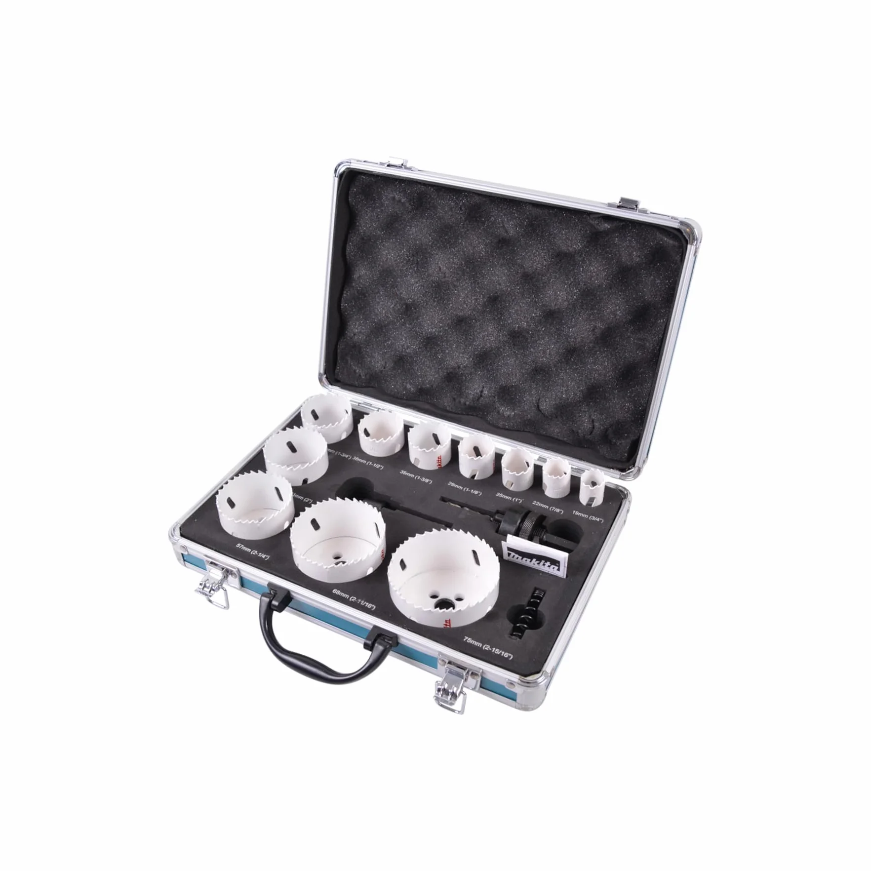 Makita D-47298 BiM-Lochsägen-Set 14-teilig im Alukoffer, Bi-Metall Lochsägen Ø 19-75 mm, Schnitttiefe 38 mm, für Holz, Metall Aluminium, Kunststoff