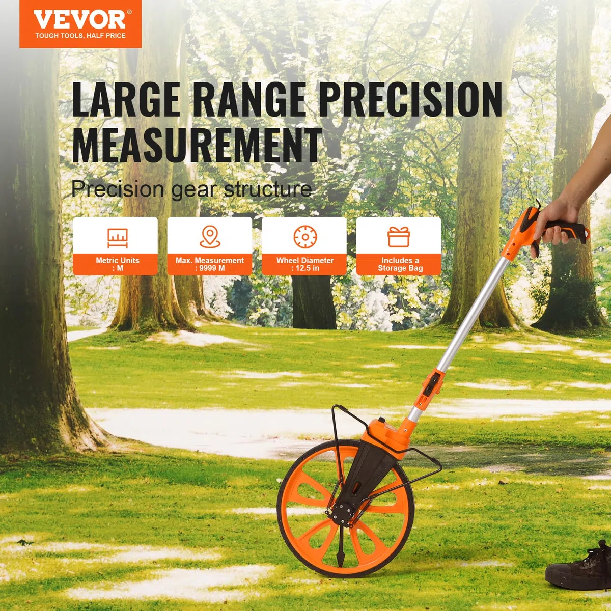 VEVOR Messrad 0-9999,9m Präzisions Messrad ±0,5% Messroller Rolltacho mit Teleskopstange 101-52cm Vermessungsrad φ317,5mm Streckenmessgerät aus ABS + Aluminiumoxid inkl. Tragetasche