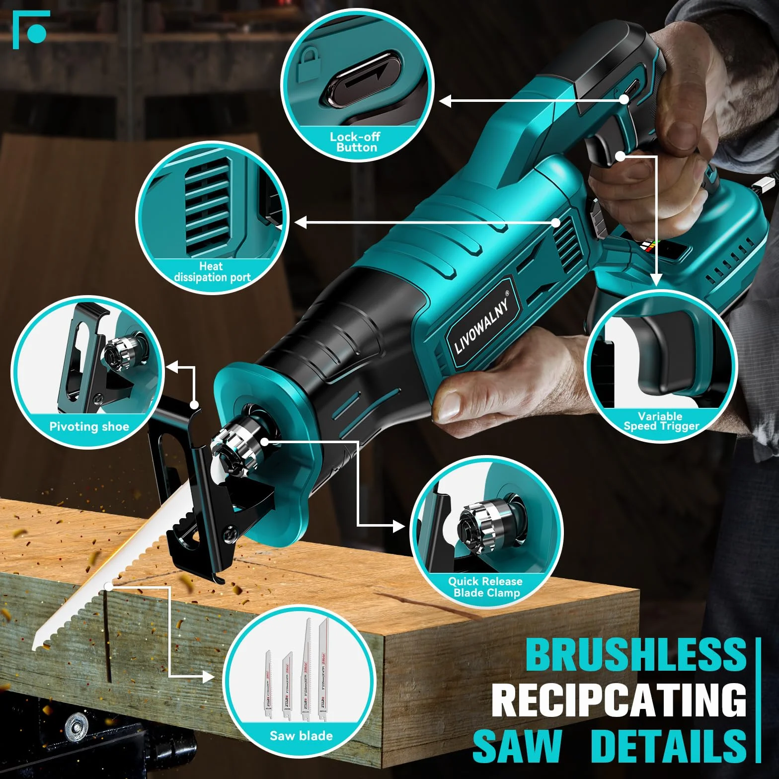 LIVOWALNY Akku Säbelsäge Kompatibel mit Makita 18V (Ohne Akku) - Reciprosäge Bürstenlos Motor 3200 SPM, 3 variable Geschwindigkeiten mit 4 Sägeblätter für Metall/Holz/PVC (Blau)