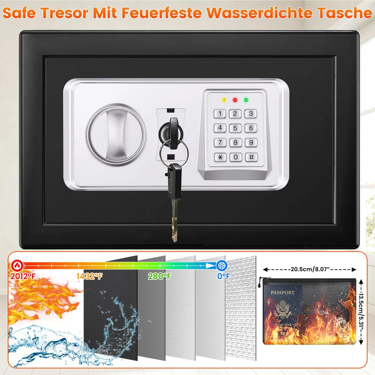 Mejasg Safe Tresor für Zuhause mit Feuerfester Tasche, 15L Digitaler Tresor Klein mit USB-C-Anschluss, Alarmmodus und Silent-Modus, Wandtresor Möbeltresor für Schmuck Bargeld Medikamente Dokumente