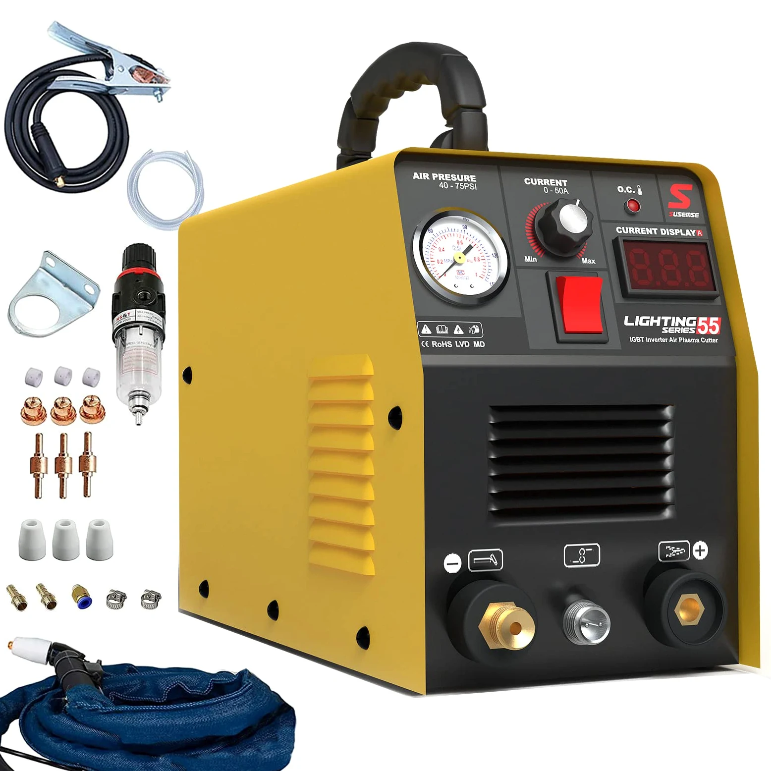 SUSEMSE Plasmaschneider 55 Ampere IGBT Inverter Plasma Cutter CUT55 Plasma Schweißgerät (DC, 230V, Schneidstrom 20-55A, Schneidleistung max bis 14mm) - mit Plasmabrenner und Plasma Düsen Set
