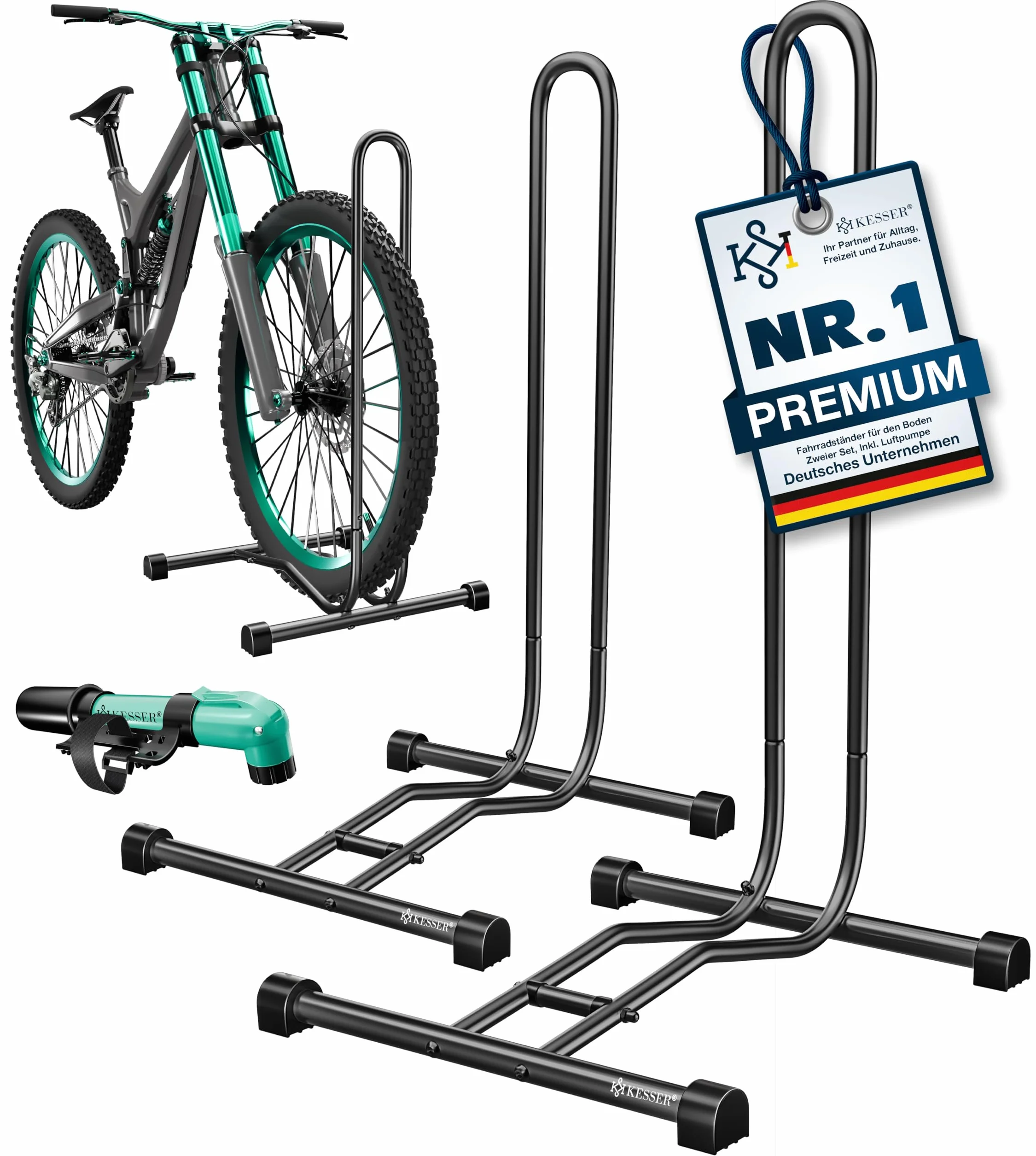 KESSER® Fahrradständer Boden einzeln für Mountainbike, E-Bike, Citybike, Rennrad, MTB | Fahrrad Montageständer | Freistehender Fahrradhalter Ständer Eisen | Reifenbreite bis 65mm | Inkl. Luftpumpe