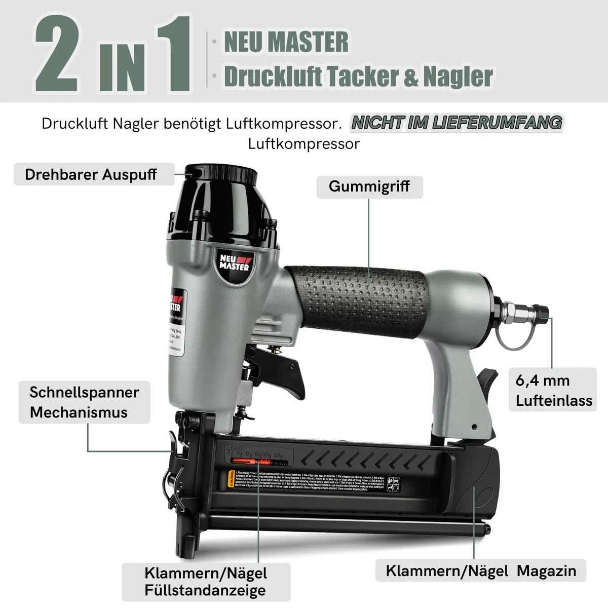 NEU MASTER Druckluftnagler, 2 in1 Drucklufttacker mit Transportkoffer inkl. 800 Nägel und 200 Klammern für Werkstatt und Haus