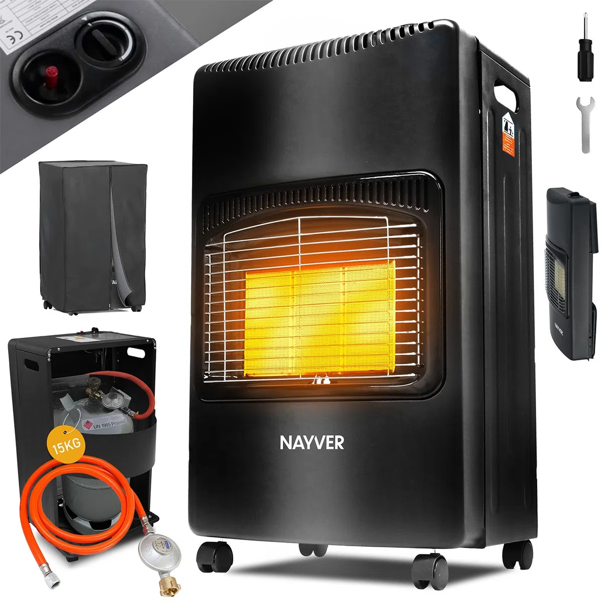 Gasheizung 4200 Watt Heizstrahler, schwarz | Gasofen mit Keramik Gasheizer, inkl. Gasdruckregler und Gasschlauch, Infrarot Keramikbrenner