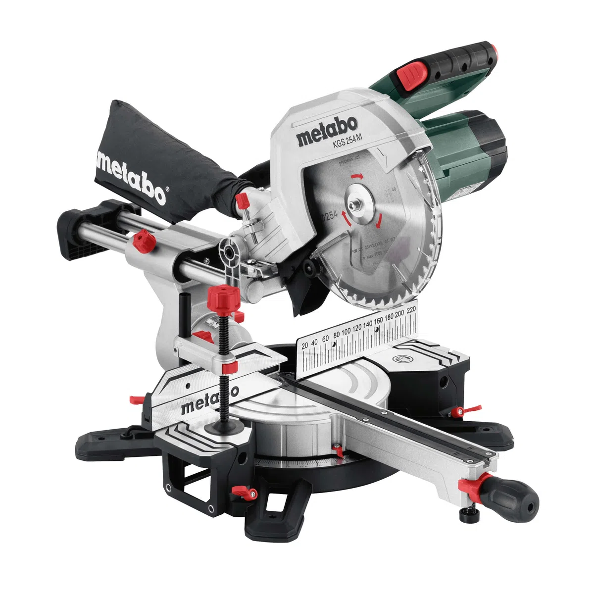 metabo Kapp- und Gehrungssäge KGS 254 M, Zugfunktion, 254 mm Sägeblatt | Präzise LED Schnittlinie PCL, Sanftanlauf, inkl. Sägeblatt Precision Cut Wood, Materialklemme & Spänefangsack