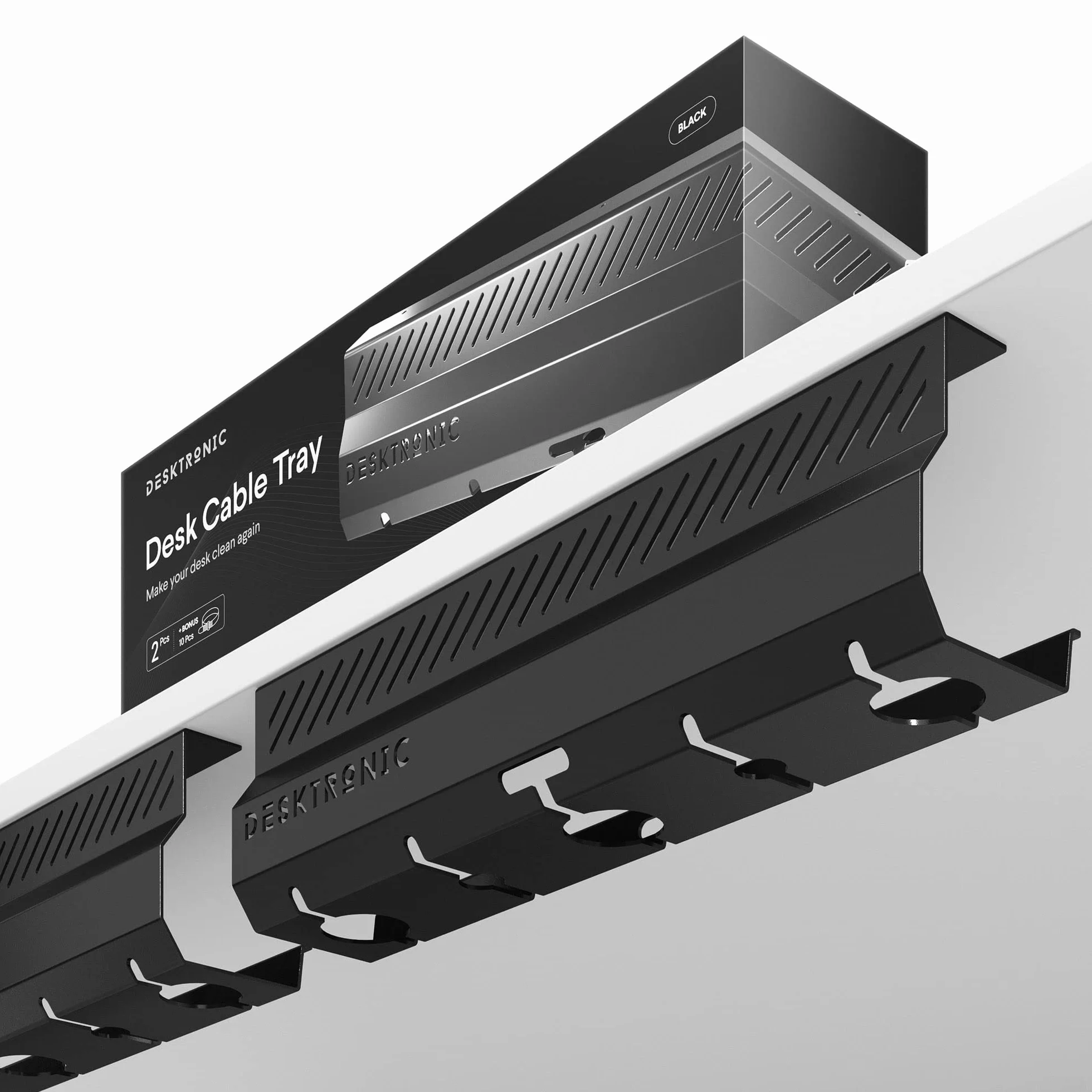 Kabelkanal Schreibtisch Schwarz 2er Set - Edelstahl Kabelmanagement Schreibtisch Kabelkanal mit 5 Kabelausschnitten - Einfach zu Installierender Kabel-Organizer - Kabelhalter von Desktronic