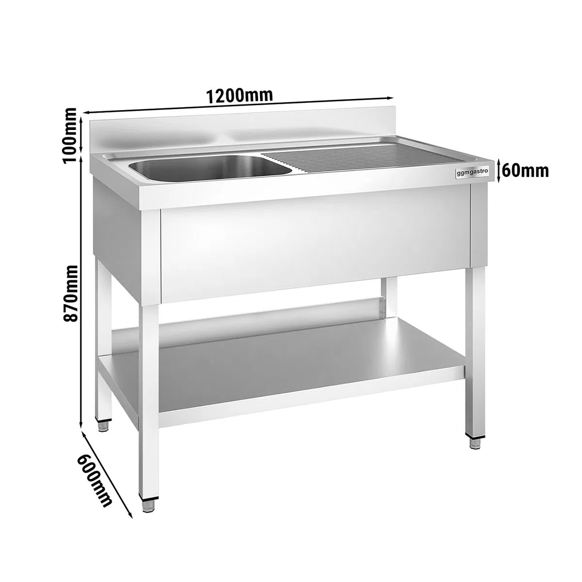 GGM Gastro | STK126BL1 | Spültisch PREMIUM - 1200x600mm - mit Grundboden - mit 1 Becken links