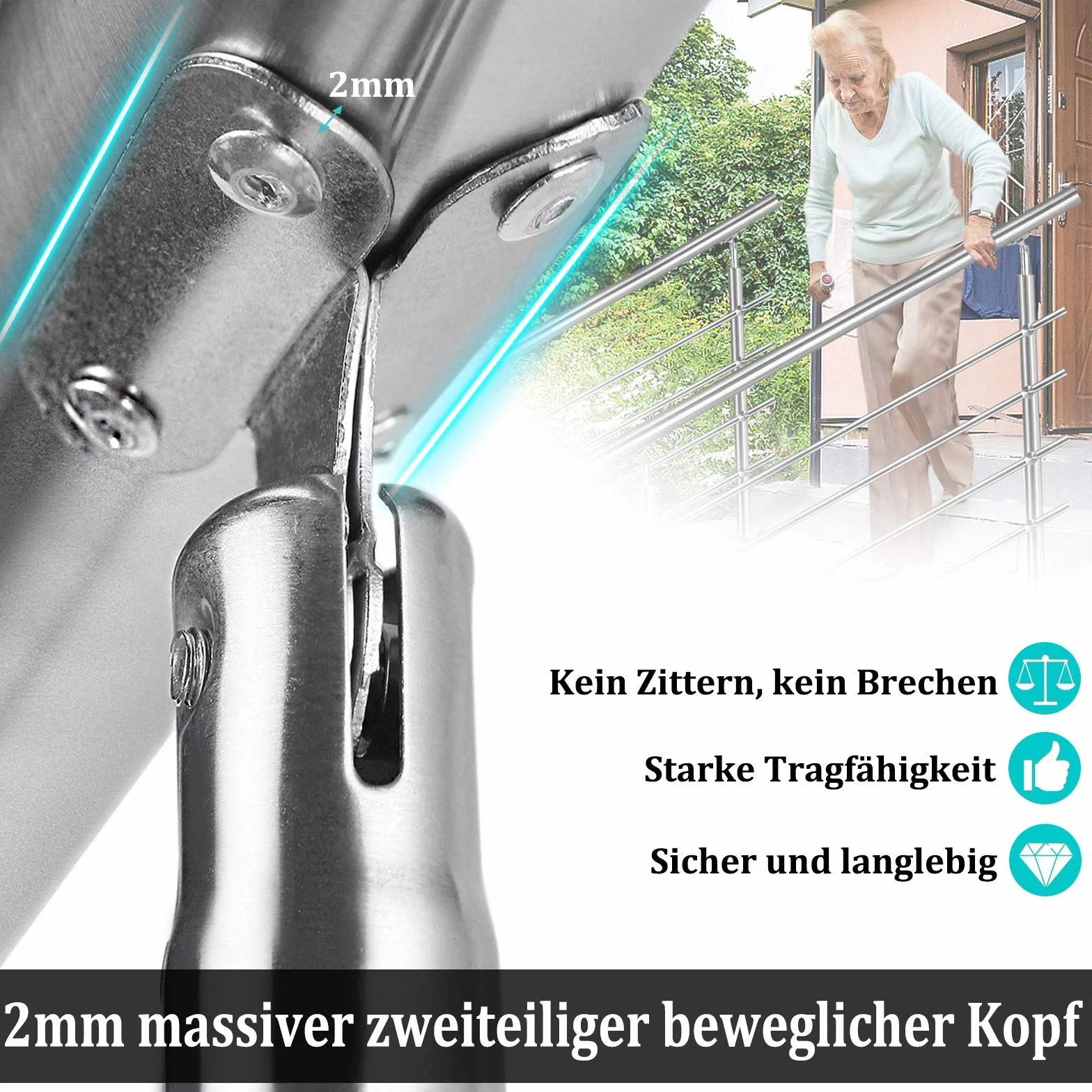 Aufun Edelstahl Handlauf 100cm Treppengeländer Innen und Außen mit 2 Pfosten für Treppen, Brüstung, Balkon (100cm, 0 Querstreben)