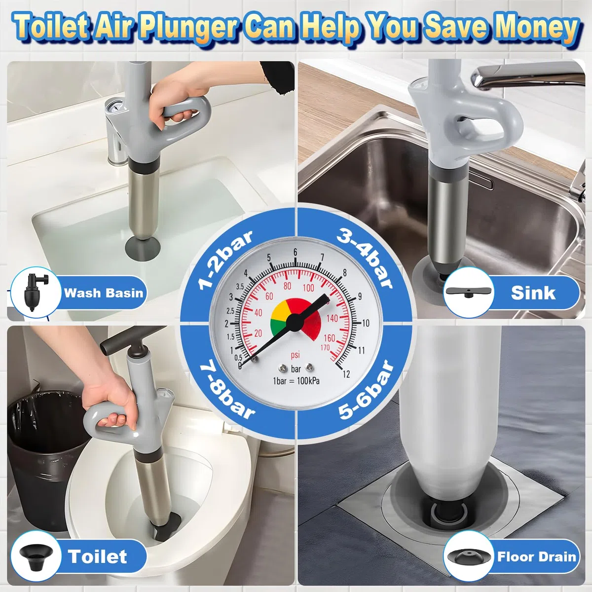 Pömpel Toilette, Rohrreiniger Druckluft mit Luftdruckanzeige, Pressluft Rohrreiniger mit 4 Saugnäpfen für Waschbecken, Toiletten, Badezimmer, Dusche, Küche