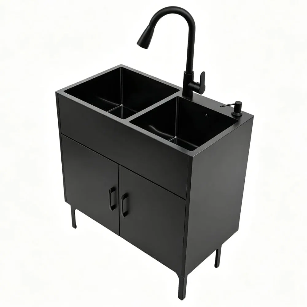 Freistehende Edelstahl KüChenspüLe mit Unterschrank Ausziehbarem Wasserhahn Gewerbliche Doppelbecken SpüLenschrank für KüChe WäSche Badezimmer Komplettes Set(black,75x41x85cm)