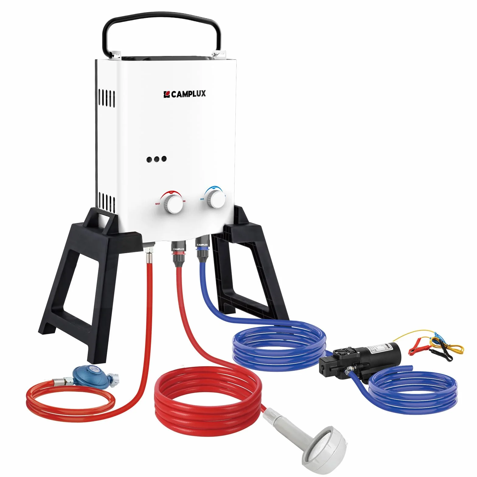 CAMPLUX 5 Liter Gasdurchlauferhitzer mit Stütz & Wasserpumpe, LPG, 50mbar, für Campingdusche/Wohnmobilausflug, AY132Max-DE mit Tragetasche