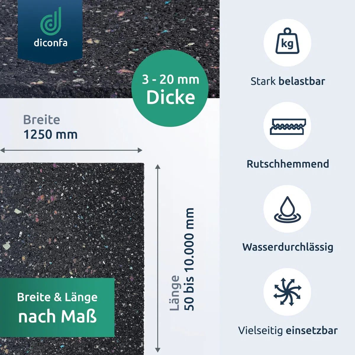 diconfa Bautenschutzmatte BREITE 1250mm 125cm 1,25m- WÄHLBAR - Dicke: 3mm bis 20mm - LÄNGE: 0,05m bis 10m - Auswahl: 5m 500cm lang, 3mm stark - Gummimatte Meterware Gummigranulat Gummiregenerat