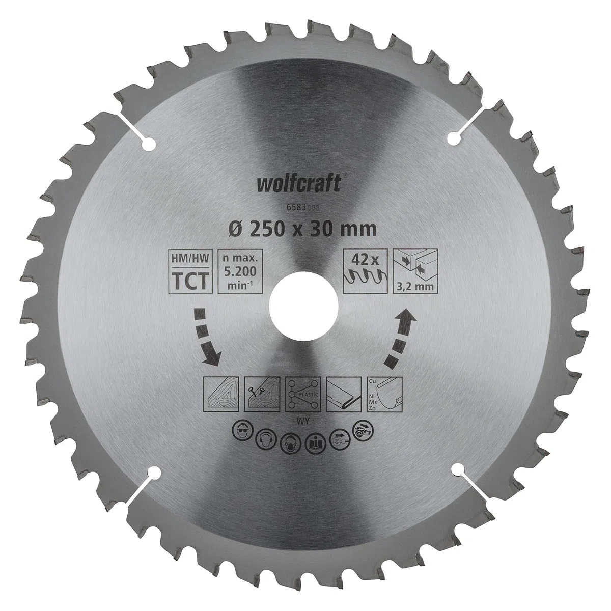 wolfcraft Tischkreissägeblatt Ø 250 mm I 6583000 I feine, saubere Schnitte durch Holz, Kunststoff, Metall I hochhitzebeständiges HM-Blatt I 42 Zähne