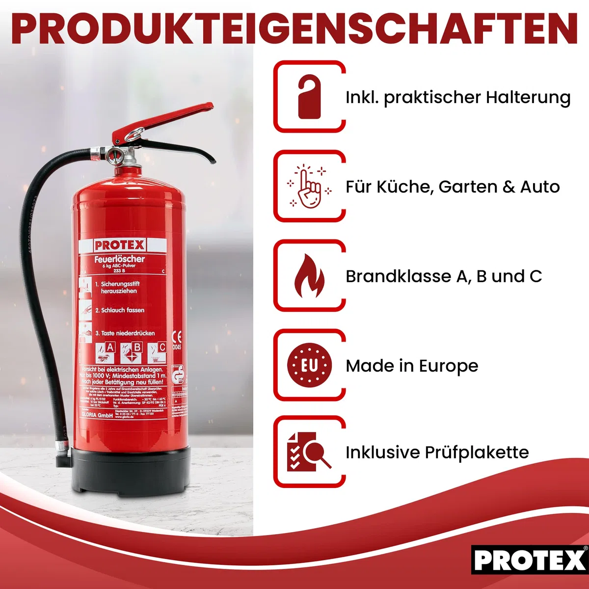 PROTEX – 3 Pulver-Feuerlöscher – Protex Pulverfeuerlöscher – 6 kg - für die Brandklassen ABC – Zertifiziert nach DIN EN 3 und CE – je 9,5 kg – mit praktischer Halterung – mit Prüfplakette - Made in EU