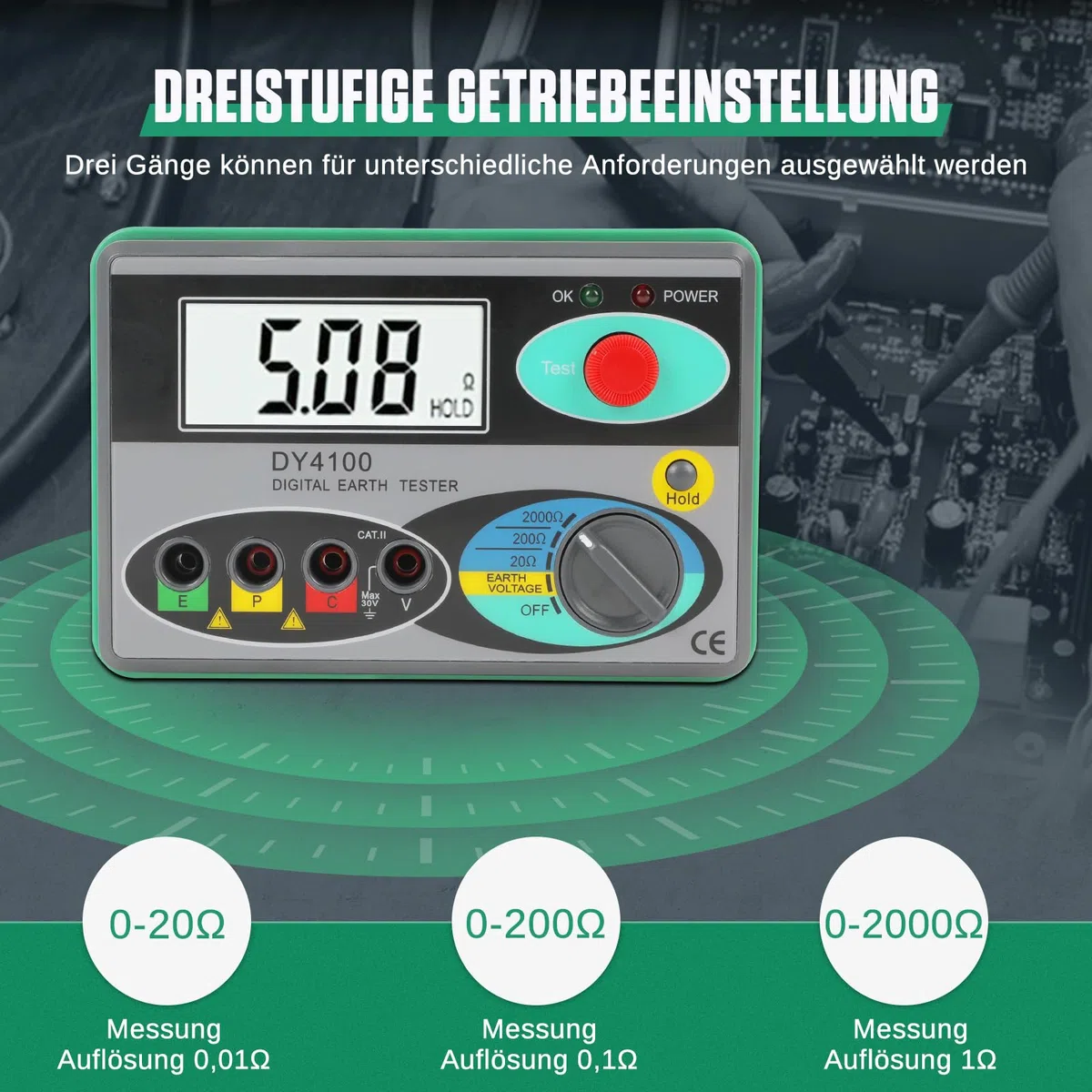 Digitaler Erdungswiderstandsprüfer 0~2000Ω Erdwiderstandstester, Datenspeicher, Erinnerung an schwache Batterie Ohm Real Megohmmeter Earth Resistance Meter