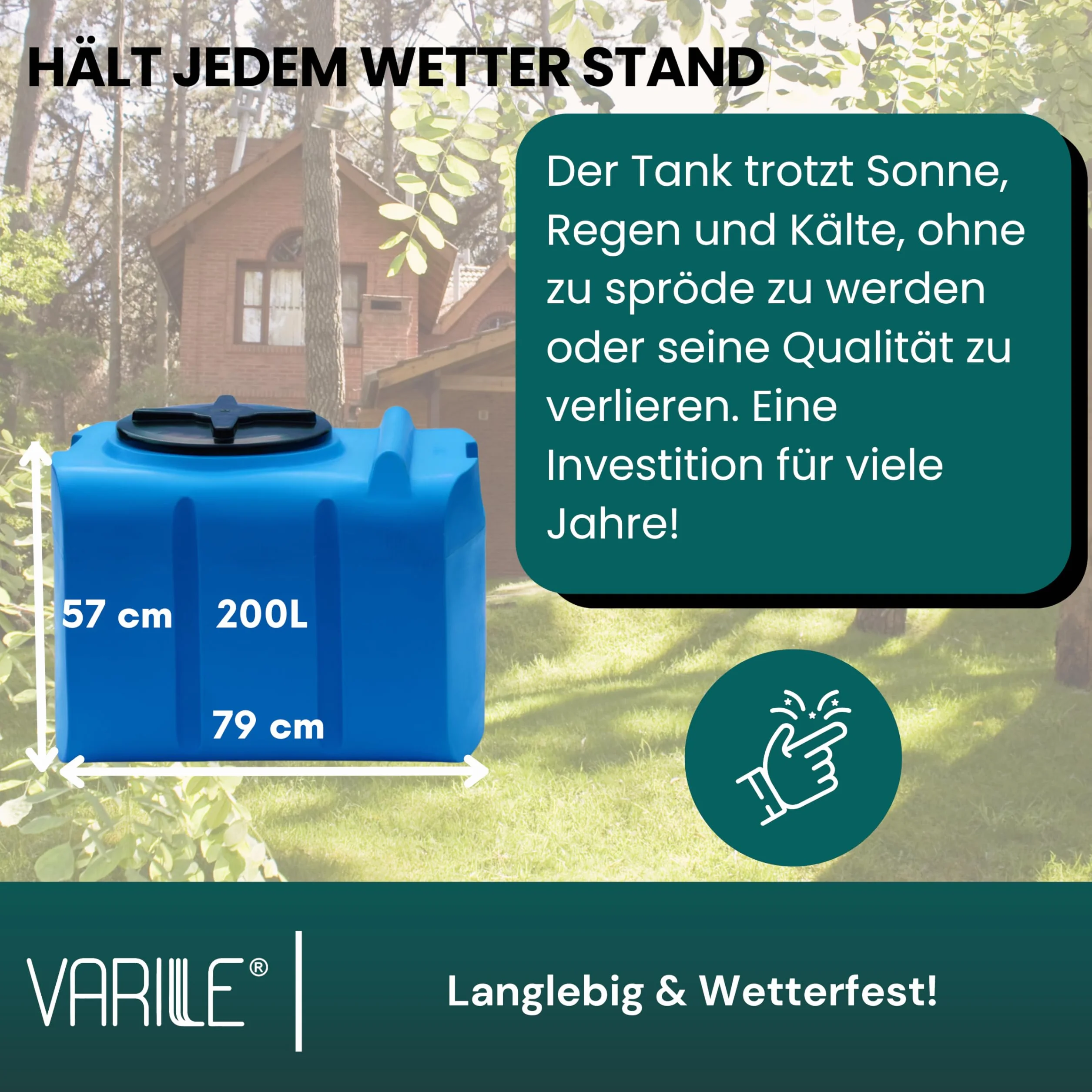 Varile 200L Trinkwassertank in Blau – Lebensmittelecht, BPA-frei, UV-beständig, mit 3/4" Messinggewinde für vielseitige Nutzung