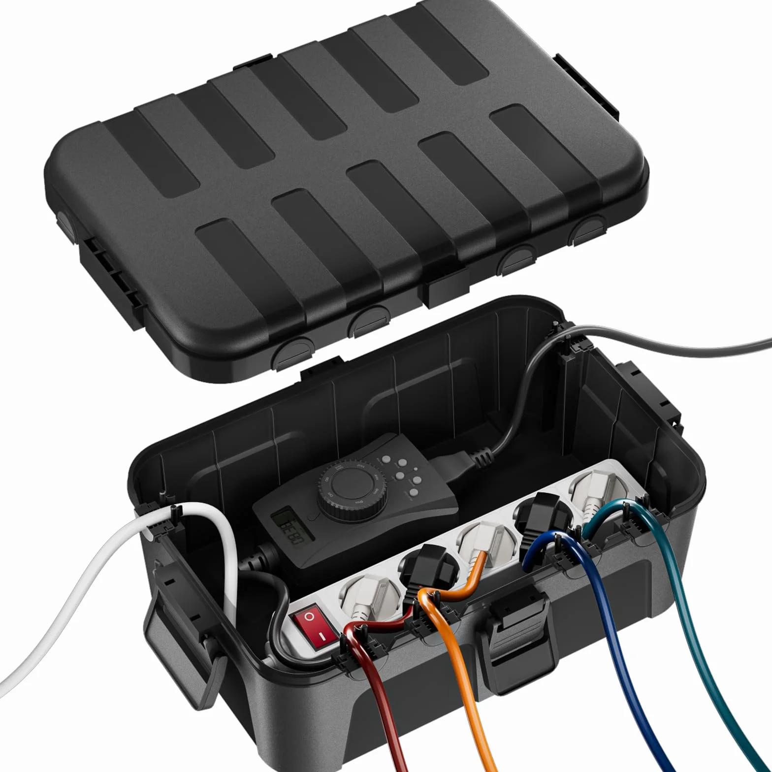 RESTMO große wasserdichte Kabelbox für den Außenbereich (Outdoor), IP54 wasserdicht, wetterfester Elektrokasten zum Schutz von Verlängerungskabel, Steckdosenleisten, Außensteckern (32x22x13cm)-Schwarz
