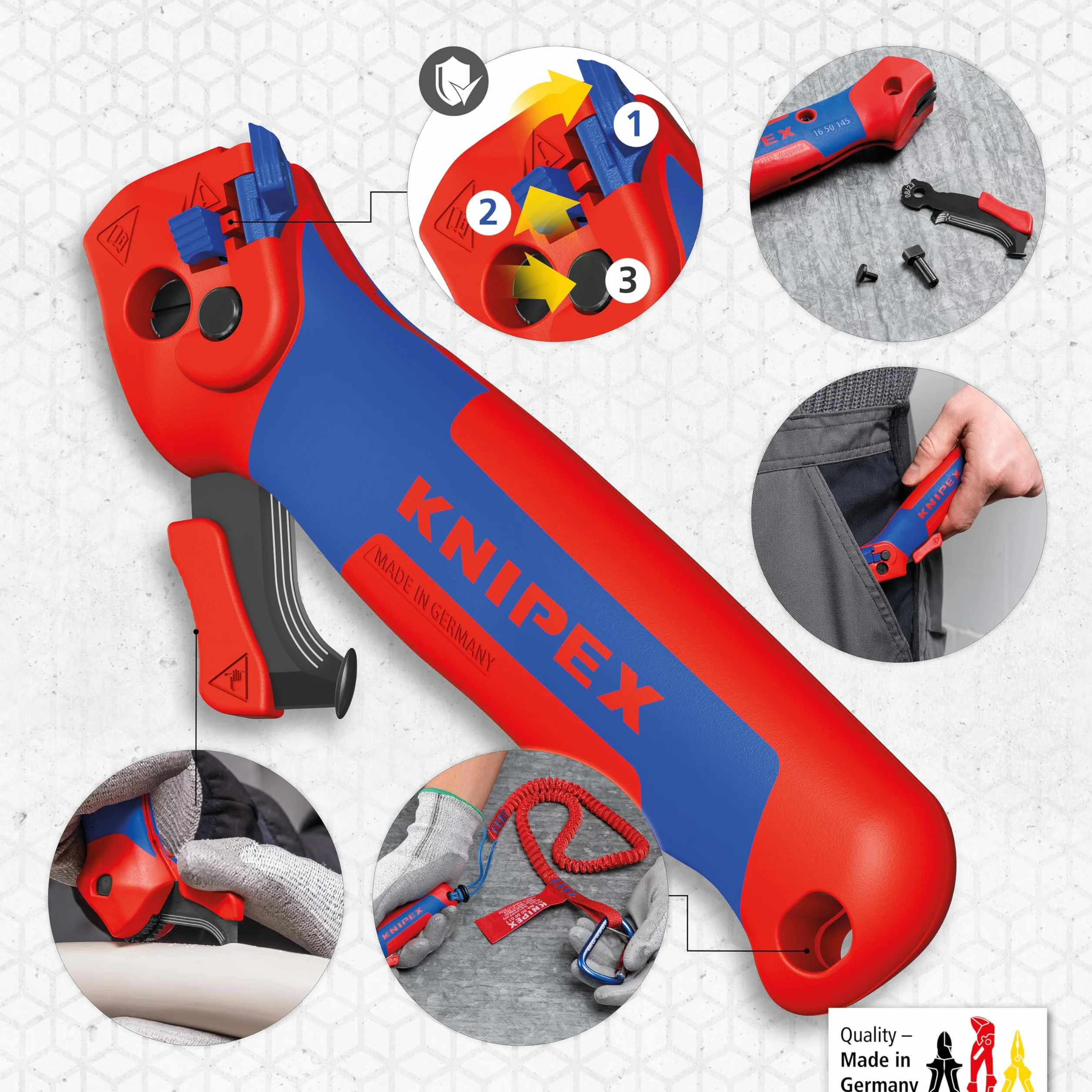 KNIPEX Abmantelungsmesser mit Gleitschuh und Ratschenfunktion mit Mehrkomponenten-Hüllen 146 mm, 16 50 145 SB