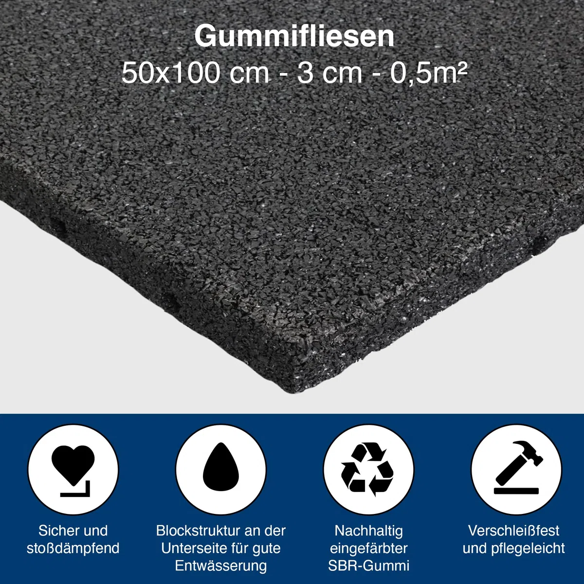 Gummimatte 50x100 cm – Antivibrationsmatte 30 mm – rutschfeste, Wetterbeständige Gummiplatte für Waschmaschine, Flachdach, Balkon, Gehweg & Spielplatz – Schalldämmende Bodenmatte