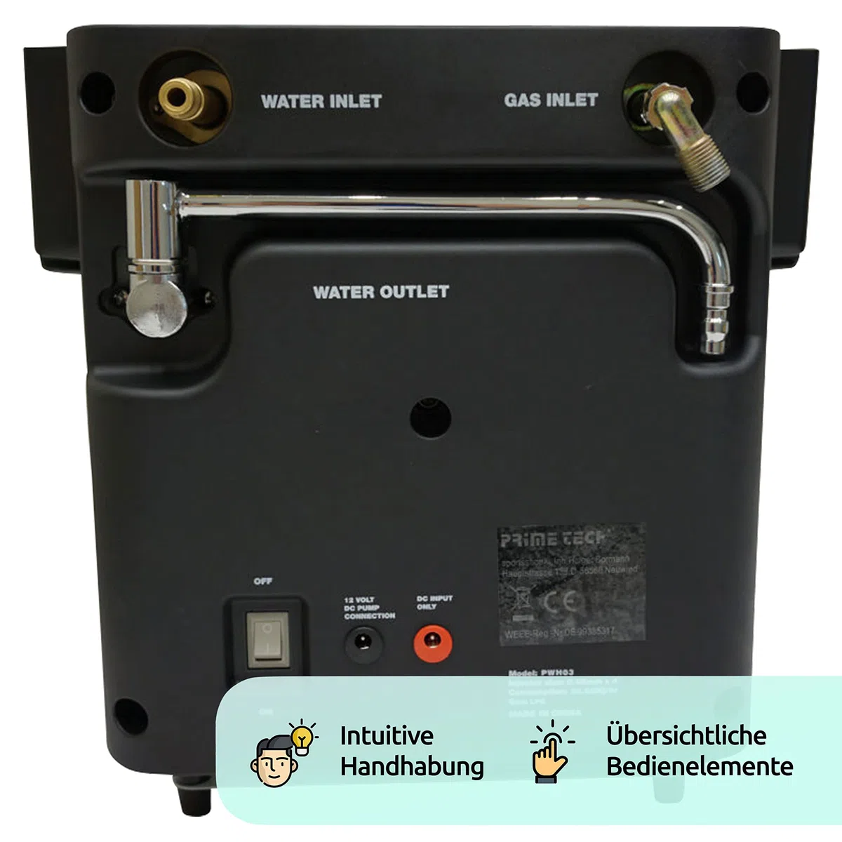 Prime Tech | Mobiler Gas-Durchlauferhitzer 12V 5kW | Warmwasserbereiter mit Duschbrause & Zubehör | Warmduscher für Camping, Outdoor & Vanlife | Gasbetriebener Wasserboiler mit Tasche