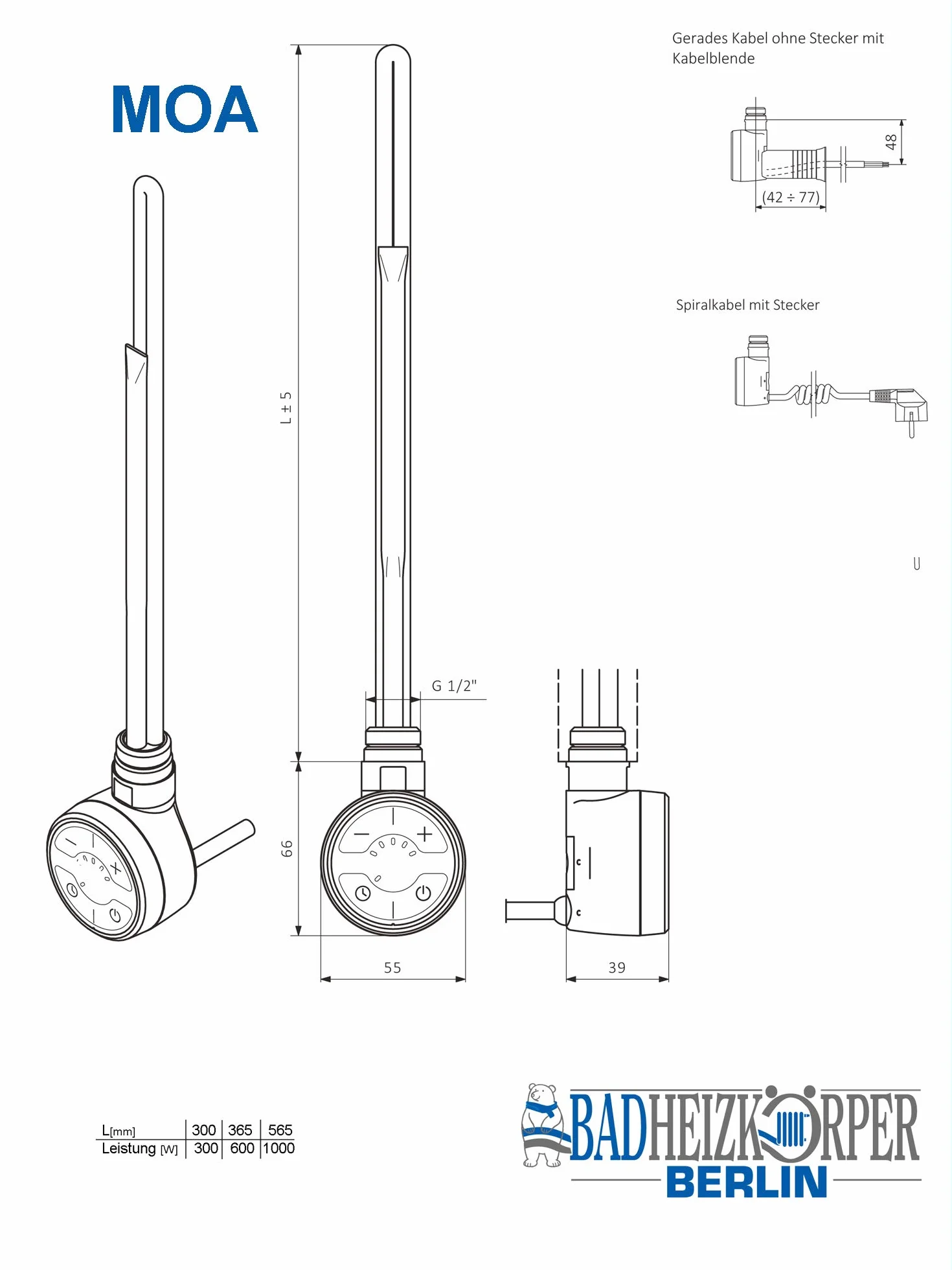 MOA Thermostat Heizstab, Heizpatrone, Heizelement 300 Watt (Weiß) Spiralkabel mit Stecker