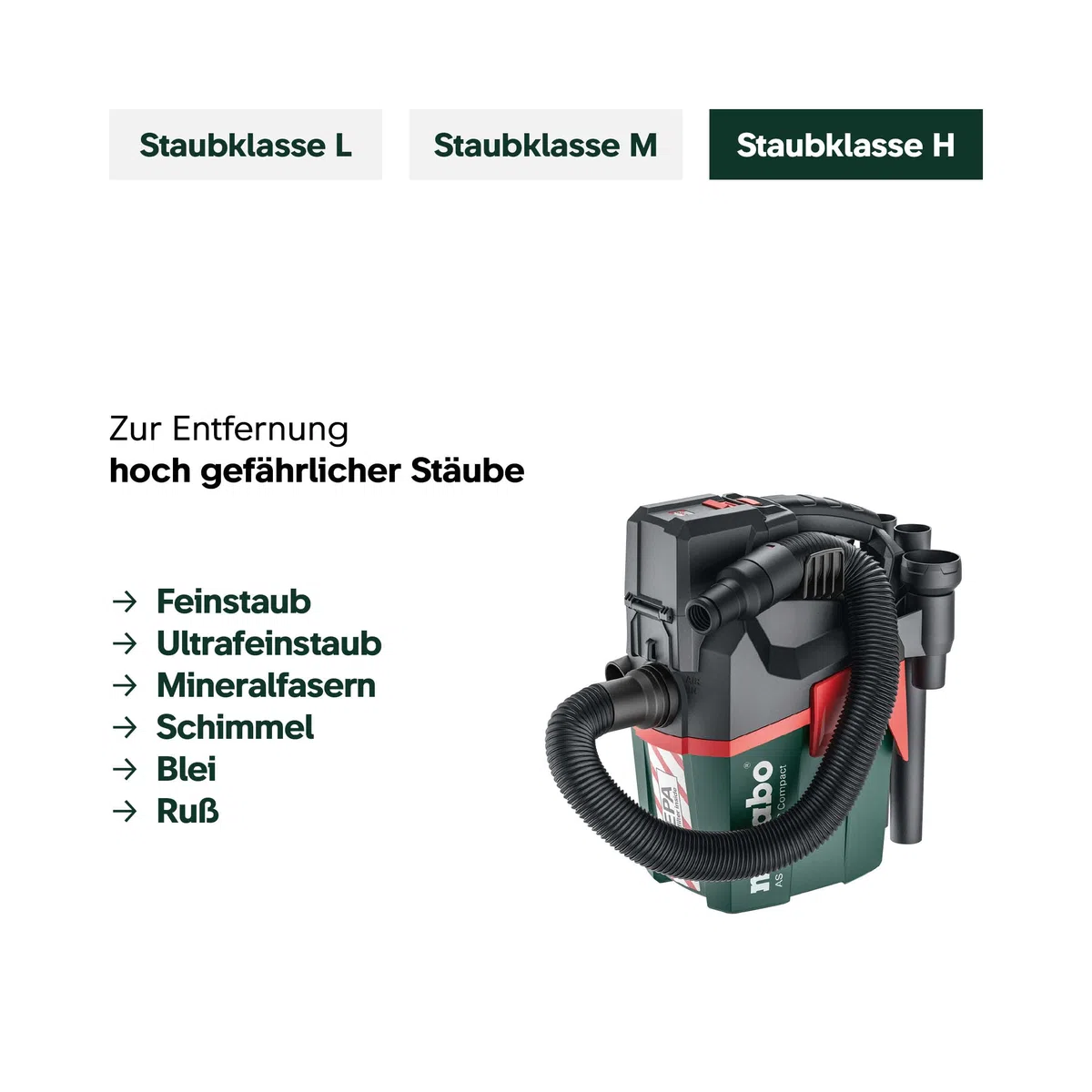 metabo Akku-Sauger AS 18 HEPA PC Compact, 18V Nass- und Trockensauger | Mobiler Mehrzwecksauger mit HEPA-Filter, Blasfunktion und Stretch-Schlauch. Lieferung ohne Akku und Ladegerät.