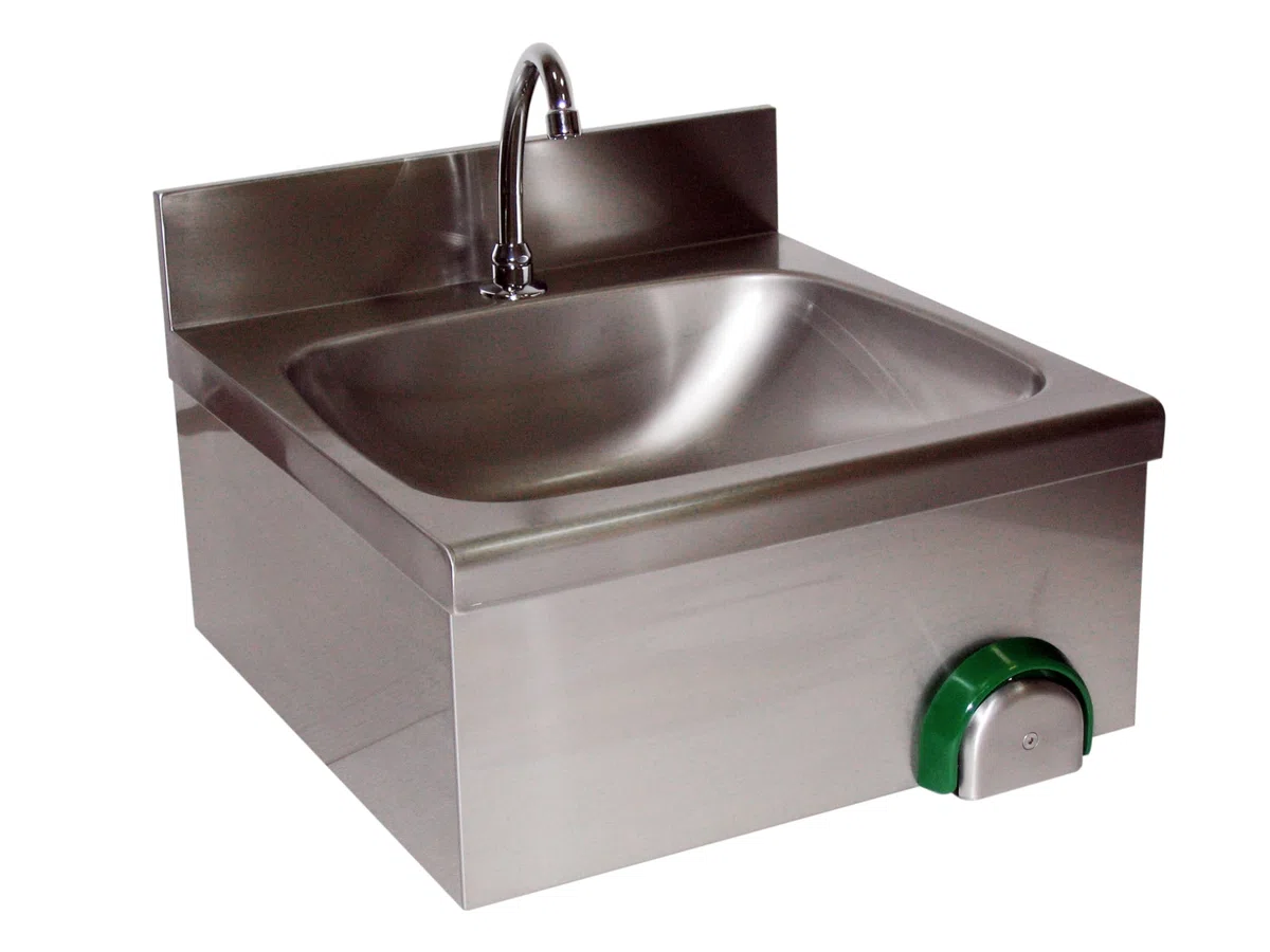 Handwaschbecken 0076 aus Edelstahl mit Kniebedienung und zeitgesteuertem Wasserfluss